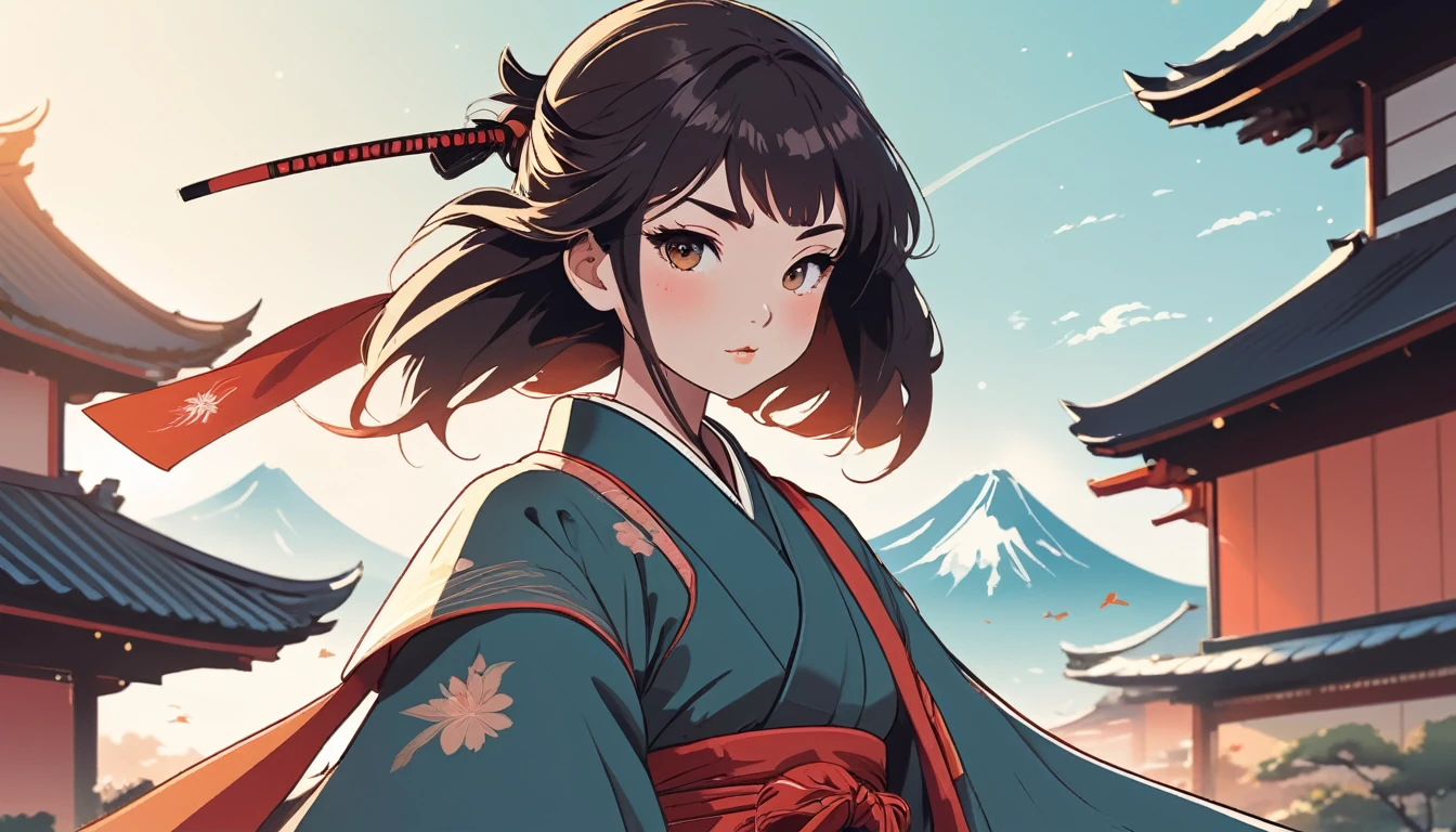 Female samurai, Wide-angle lens, Lofi Anime, Lofi illustration, Aesthetic atmosphere, Lo-Fi Style, Vector art, Flat Design, Simple shape, Warm tones, Pleasant atmosphere, Chill, In anime style, Digital drawing, Vector art, Vector logo for t-shirt printing, (Adorable:1.5), (small:1.4), (Playful:1.2), (soft:1.3), (Whimsical:1.1), masterpiece, Highest quality, 8k, Intricate details, grow, Celestial, Mysterious, Picturesque, amazing, Majestic, Magic, Fantasy art, Cover art, dream-like