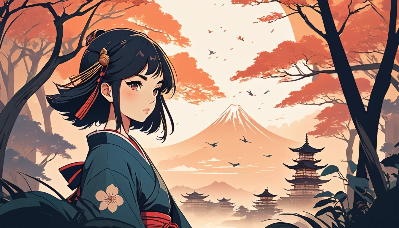 Female samurai, Wide-angle lens, Lofi Anime, Lofi illustration, Aesthetic atmosphere, Lo-Fi Style, Vector art, Flat Design, Simple shape, Warm tones, Pleasant atmosphere, Chill, In anime style, Digital drawing, Vector art, Vector logo for t-shirt printing, (Adorable:1.5), (small:1.4), (Playful:1.2), (soft:1.3), (Whimsical:1.1), masterpiece, Highest quality, 8k, Intricate details, grow, Celestial, Mysterious, Picturesque, amazing, Majestic, Magic, Fantasy art, Cover art, dream-like