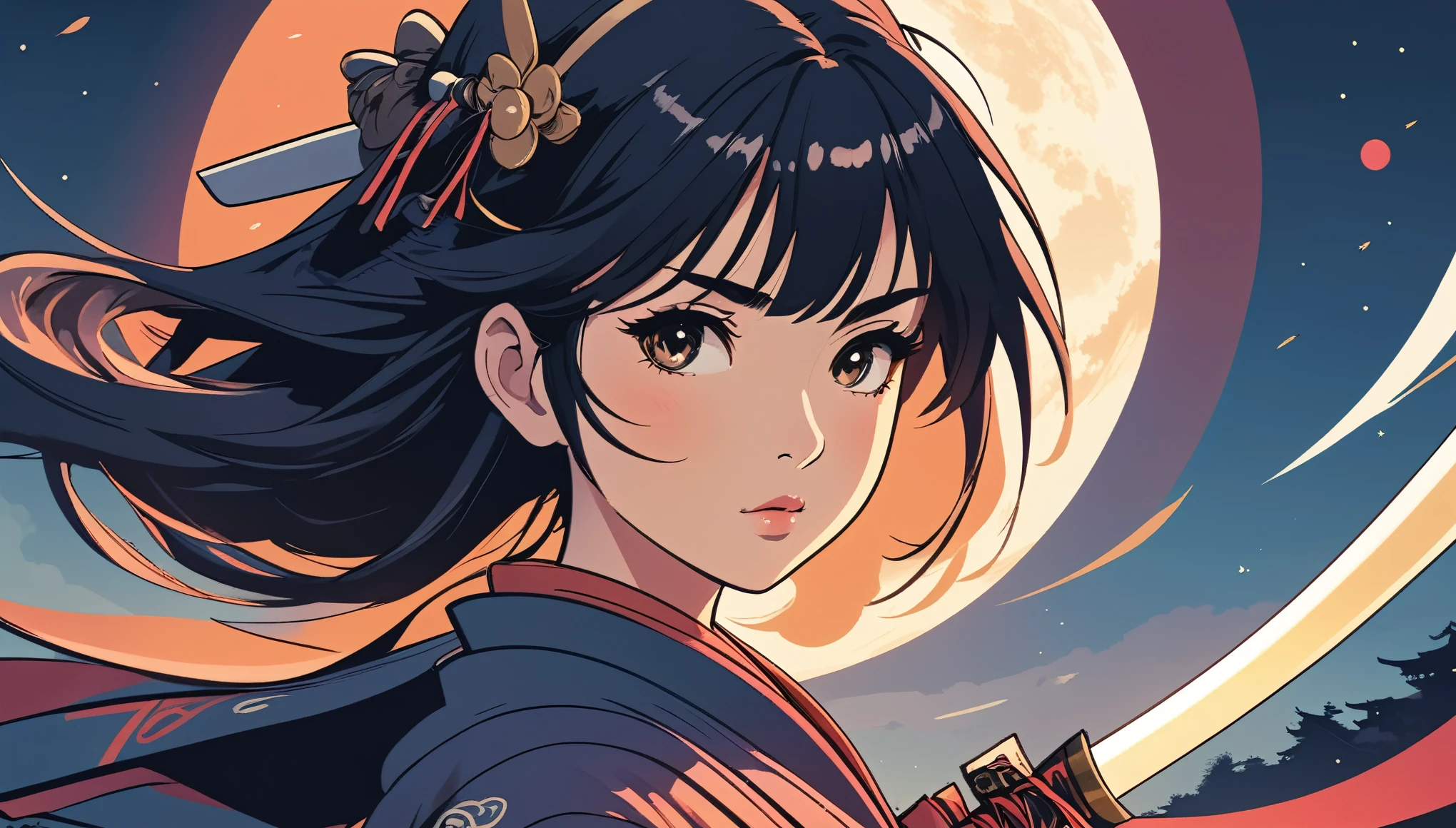 Female samurai, Wide-angle lens, Lofi Anime, Lofi illustration, Aesthetic atmosphere, Lo-Fi Style, Vector art, Flat Design, Simple shape, Warm tones, Pleasant atmosphere, Chill, In anime style, Digital drawing, Vector art, Vector logo for t-shirt printing, (Adorable:1.5), (small:1.4), (Playful:1.2), (soft:1.3), (Whimsical:1.1), masterpiece, Highest quality, 8k, Intricate details, grow, Celestial, Mysterious, Picturesque, amazing, Majestic, Magic, Fantasy art, Cover art, dream-like