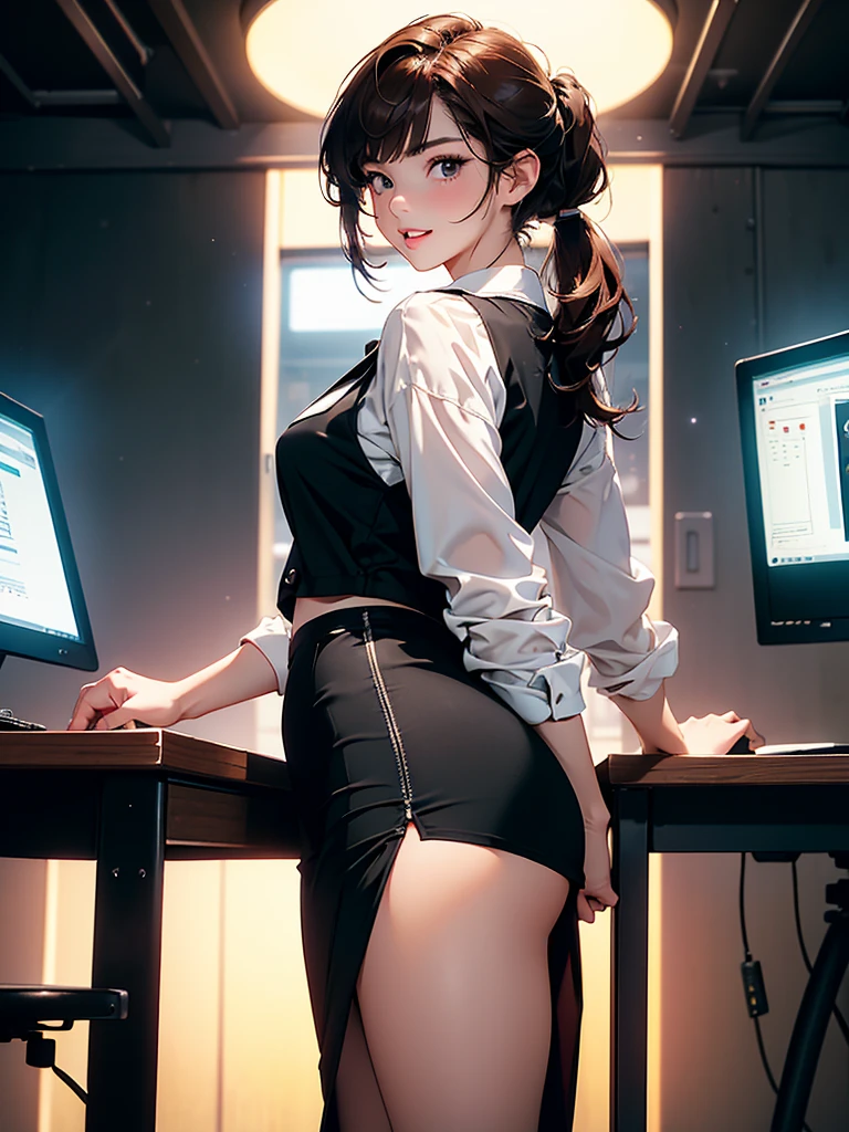 masterpiece、high resolution 8k、NSFW、Colorful light lighting、sharp focus、fine skin、table top、 highest quality、Ultra - High resolution、Super high resolution、Highly detailed CG、theme,full body shot、office room with bosany large monitors、Computer on desk、transaction、document、stock、chart screen、Female OL、woman bending down paper、beautiful black eyes、(Detailed face and iace:1 2)、Clean pupils、almond eye)、(reddish brown hair、Medium short ponytail、high top fade:1.3、asymmetrical bangs)、(id card strap)、(Blazer for office wear shortage、white cutter shirt、black pencil skirt、pumps)、(gross、glossy lips、 size) 、(oval face : 1.4)、(thin fingers、fine arms、detailed human hand)、laughter、open your mouth、teeth visible, sexy lady, big ass, big milk, short skirt, close-fitting, high sexual, aurora and stars background, night sky, black stocking, black underwear