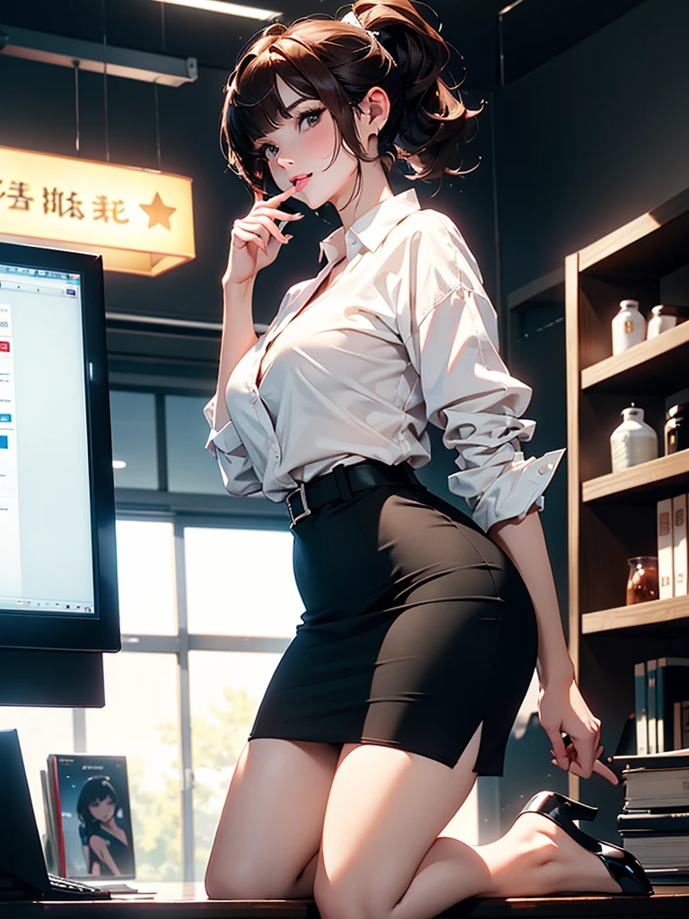 masterpiece、high resolution 8k、NSFW、Colorful light lighting、sharp focus、fine skin、table top、 highest quality、Ultra - High resolution、Super high resolution、Highly detailed CG、theme,full body shot、office room with bosany large monitors、Computer on desk、transaction、document、stock、chart screen、Female OL、woman bending down paper、beautiful black eyes、(Detailed face and iace:1 2)、Clean pupils、almond eye)、(reddish brown hair、Medium short ponytail、high top fade:1.3、asymmetrical bangs)、(id card strap)、(Blazer for office wear shortage、white cutter shirt、black pencil skirt、pumps)、(gross、glossy lips、 size) 、(oval face : 1.4)、(thin fingers、fine arms、detailed human hand)、laughter、open your mouth、teeth visible, sexy lady, big ass, big milk, short skirt, close-fitting, high sexual, aurora and stars background, night sky, black stocking, black underwear