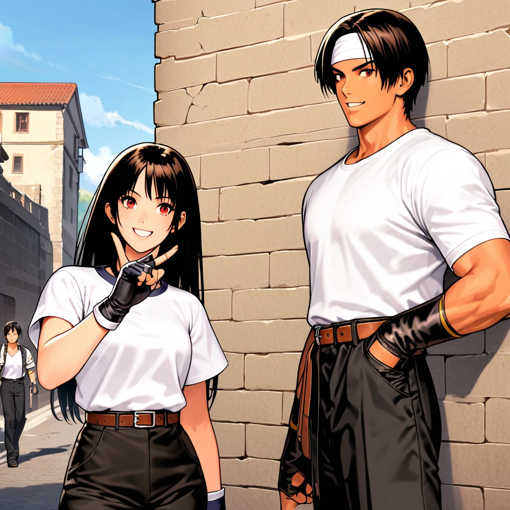 Orochikyo, Dark Skin, Two people, ツーshot, Red eyes, Black jacket(Roll up your sleeves), Fingerless gloves, Black Hair, White T-shirt, (White headband), Black trousers, White shoes, Brown belt, good looking, shot, Charming, Outdoor、masterpiece, High resolution, Detailed face, Fine grain, morning, blue sky, A confident smile, Man and woman laughing with Roman walls in the background, Men and women with the same hair and clothes, peace sign.