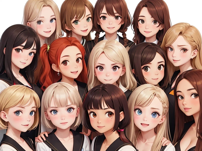 (Best quality, masterpiece), group photo of 8 very different beautiful students, different emotions, Free postures, Different hair colors(among them there is only 1 redhead, 3 blondes, 2 brown-haired and 2 brunettes), Different hairstyles, different hair lengths, different eye colors, Different physiques, Different breast sizes, (there is definitely 1 sullen, flat-chested Asian brunette in the photo, 1 short haired muscular blonde, 1 long haired redhead, 1 brunette hippie with pigtails, 1 flat chested brown haired, 1 short round brown-haired woman), graduation photo album, beautiful faces, upper body