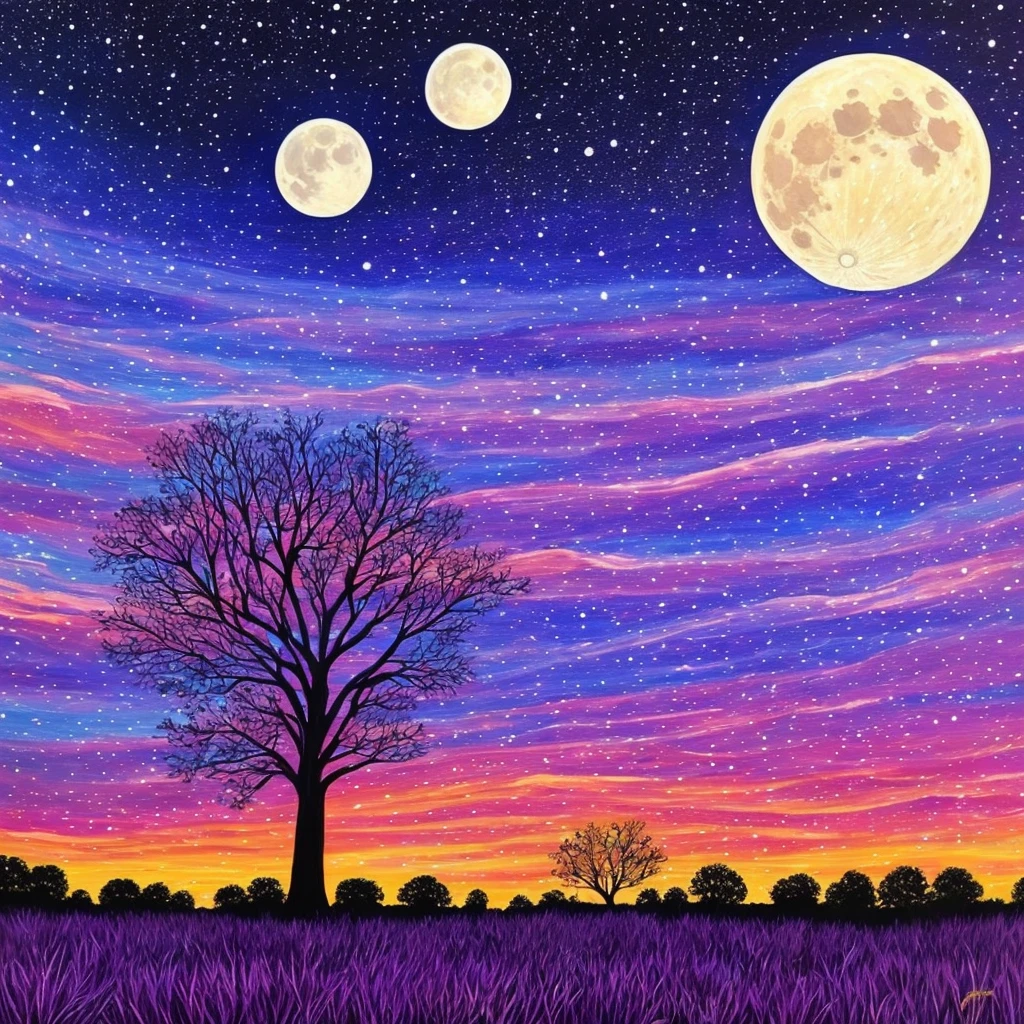 a painting of a purple and blue sky with trees and a full moon, cosmic purple space!, detailed dreamscape, cosmic landscape, colorful night sky, violet sky, galaxy sky, cosmic starry sky, detailed acrylic painting, cosmic and colorful, cosmic skies, moonlit purple sky, stary night painting, purple sky, cosmic sky, ✏️🎨, vibrant painting