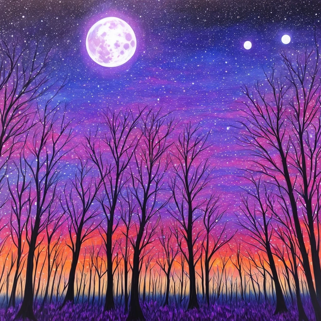 a painting of a purple and blue sky with trees and a full moon, cosmic purple space!, detailed dreamscape, cosmic landscape, colorful night sky, violet sky, galaxy sky, cosmic starry sky, detailed acrylic painting, cosmic and colorful, cosmic skies, moonlit purple sky, stary night painting, purple sky, cosmic sky, ✏️🎨, vibrant painting
