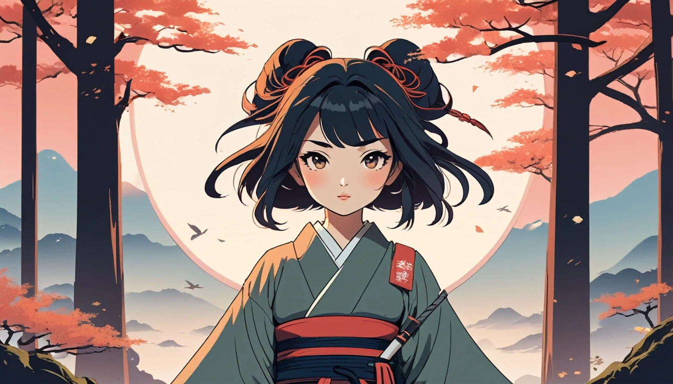 Female samurai, Wide-angle lens, Lofi Anime, Lofi illustration, Aesthetic atmosphere, Lo-Fi Style, Vector art, Flat Design, Simple shape, Warm tones, Pleasant atmosphere, Chill, In anime style, Digital drawing, Vector art, Vector logo for t-shirt printing, (Adorable:1.5), (small:1.4), (Playful:1.2), (soft:1.3), (Whimsical:1.1), masterpiece, Highest quality, 8k, Intricate details, grow, Celestial, Mysterious, Picturesque, amazing, Majestic, Magic, Fantasy art, Cover art, dream-like