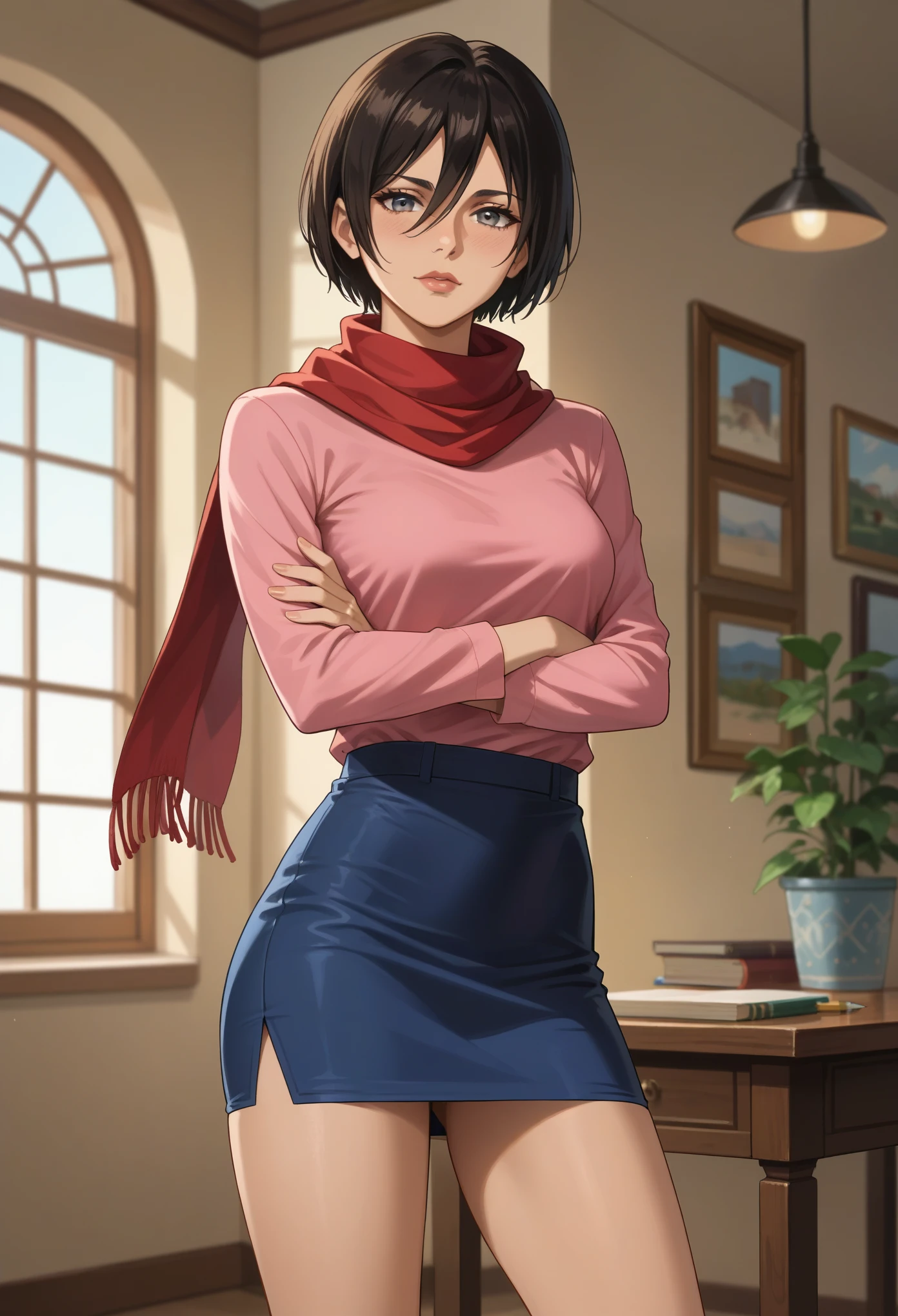 score_9_up, score_8_up, score_7_up, 1girl, slim, mature female, Mikasa ackerman, grey eyes, pink shirt, blue skirt, miniskirt, seductive, thighs, rating_safe, standing, red scarf, pixie cut, short hair, crossed arms, pencil skirt,
