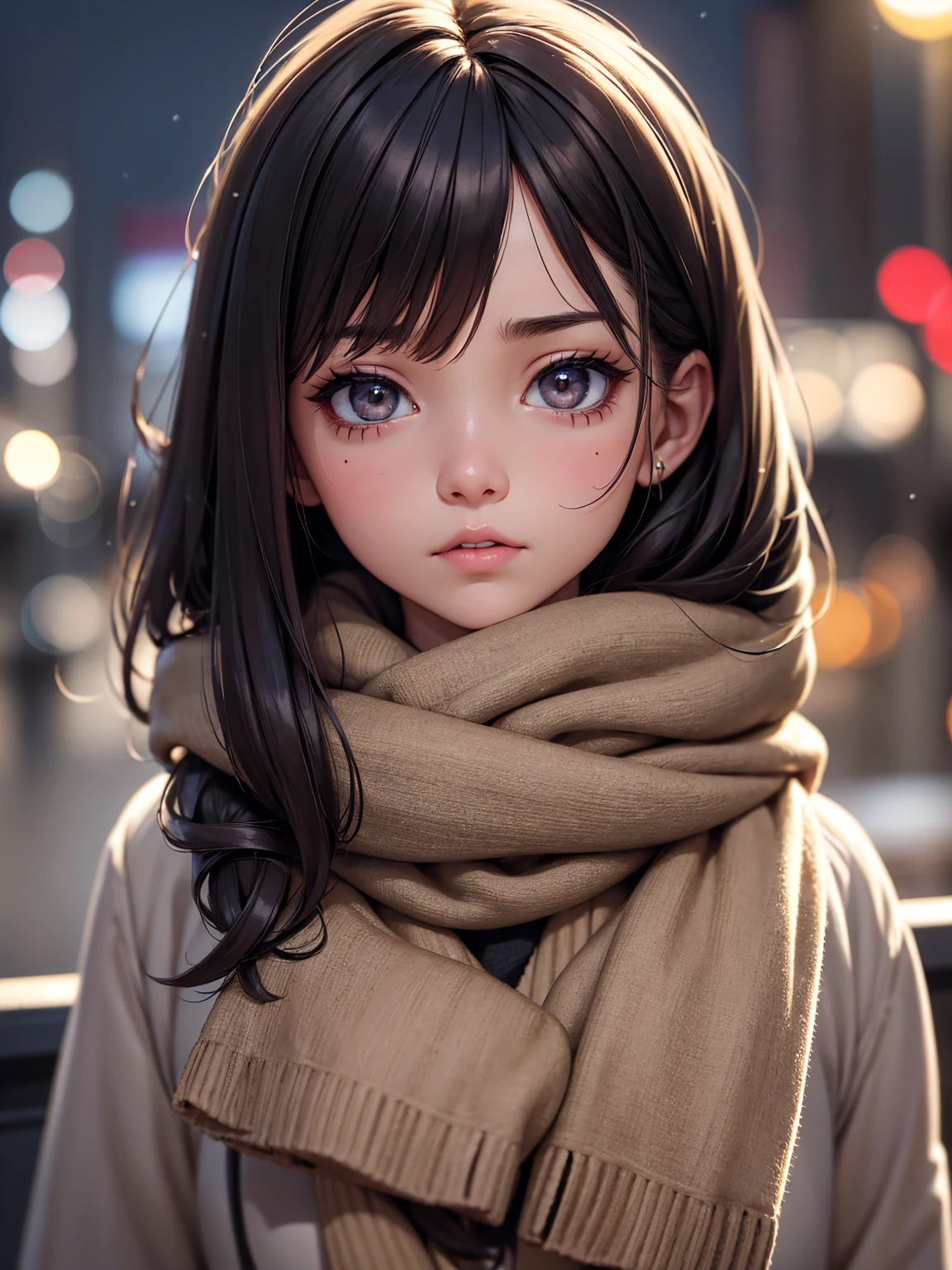rich in detail:1.5, high resolution, Natural strokes and colors, natural lighting, face detailed, detailed hair, eye detailed, detailed nose, detailed lips. an adult and beautiful girl:1.9, wearing a sweatshirt, wearing a scarf, Snowy city at night, with displeased expression.