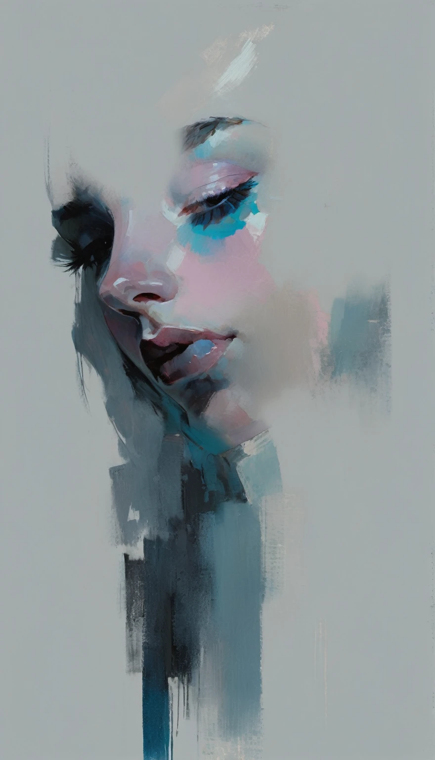 a contemporary portrait of a person in the expressive and painterly style of Malcolm Liepke, close-up of the subject's face with strong dynamic brushstrokes, focus on capturing the depth and texture, light pink and bright blue highlights and vibrant areas, muted blue, dark grayish blue, very dark gray, and light grayish blue shadows and depth, subtle variations of the same color palette in the background, modern elegance and emotional intensity