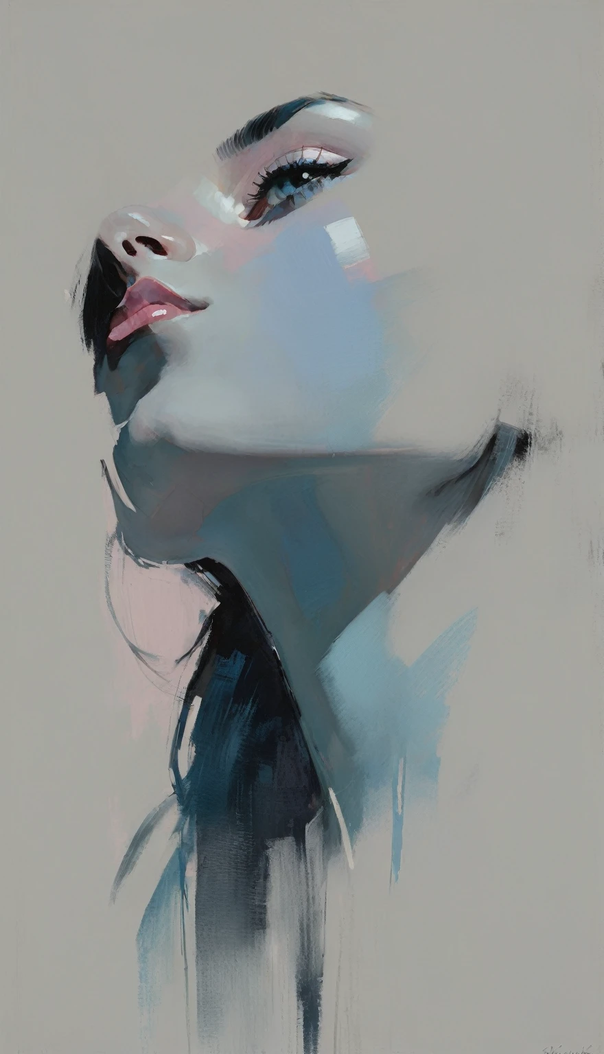 a contemporary portrait of a person in the expressive and painterly style of Malcolm Liepke, close-up of the subject's face with strong dynamic brushstrokes, focus on capturing the depth and texture, light pink and bright blue highlights and vibrant areas, muted blue, dark grayish blue, very dark gray, and light grayish blue shadows and depth, subtle variations of the same color palette in the background, modern elegance and emotional intensity