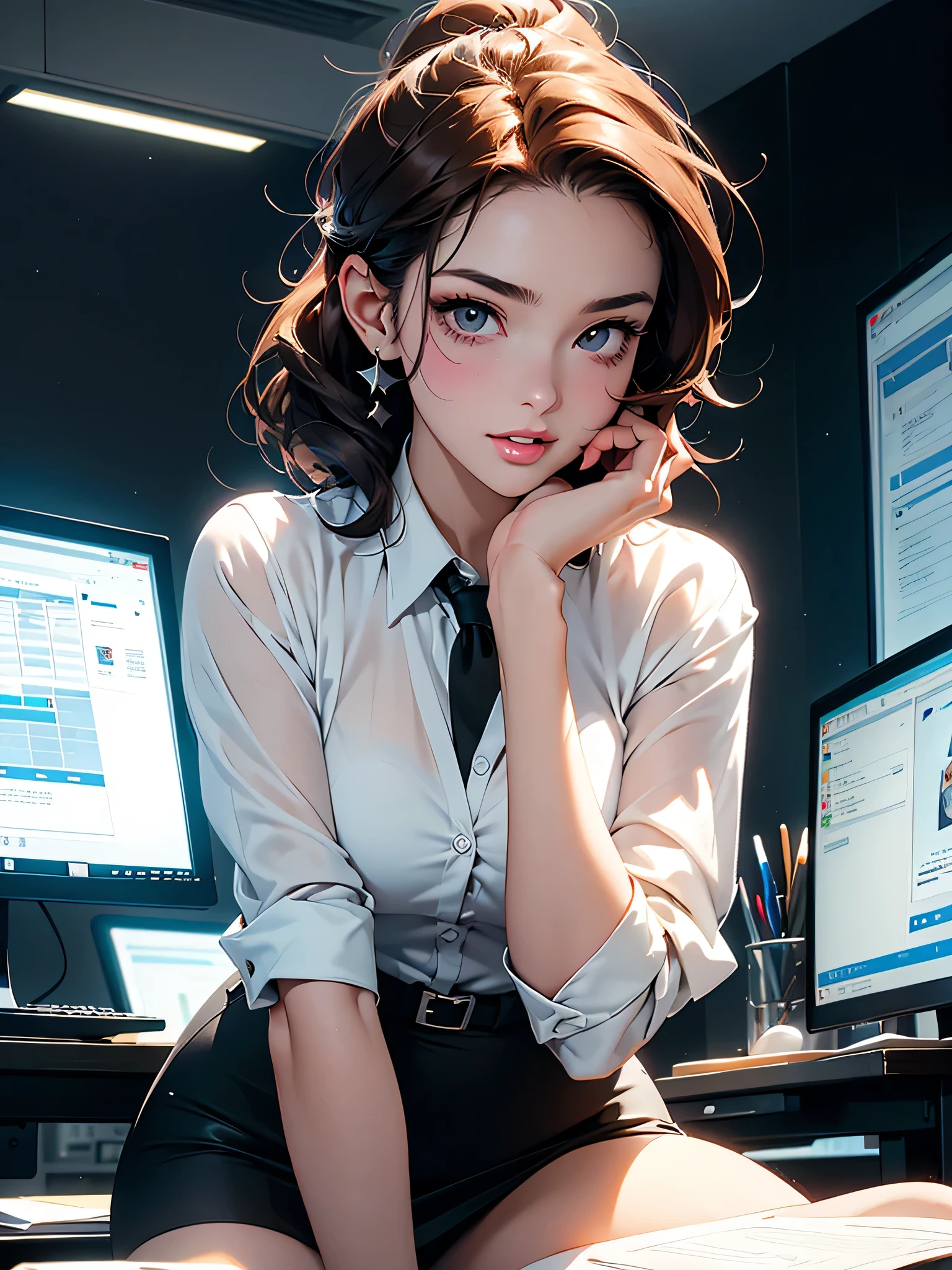 masterpiece、high resolution 8k、NSFW、Colorful light lighting、sharp focus、fine skin、table top、 highest quality、Ultra - High resolution、Super high resolution、Highly detailed CG、theme,full body shot、office room with bosany large monitors、Computer on desk、transaction、document、stock、chart screen、Female OL、woman bending down paper、beautiful black eyes、(Detailed face and iace:1 2)、Clean pupils、almond eye)、(reddish brown hair、Medium short ponytail、high top fade:1.3、asymmetrical bangs)、(id card strap)、(Blazer for office wear shortage、white cutter shirt、black pencil skirt、pumps)、(gross、glossy lips、 size) 、(oval face : 1.4)、(thin fingers、fine arms、detailed human hand)、laughter、open your mouth、teeth visible, sexy lady, big ass, big milk, short skirt, close-fitting, high sexual, aurora and stars background, night sky, black stocking, black underwear