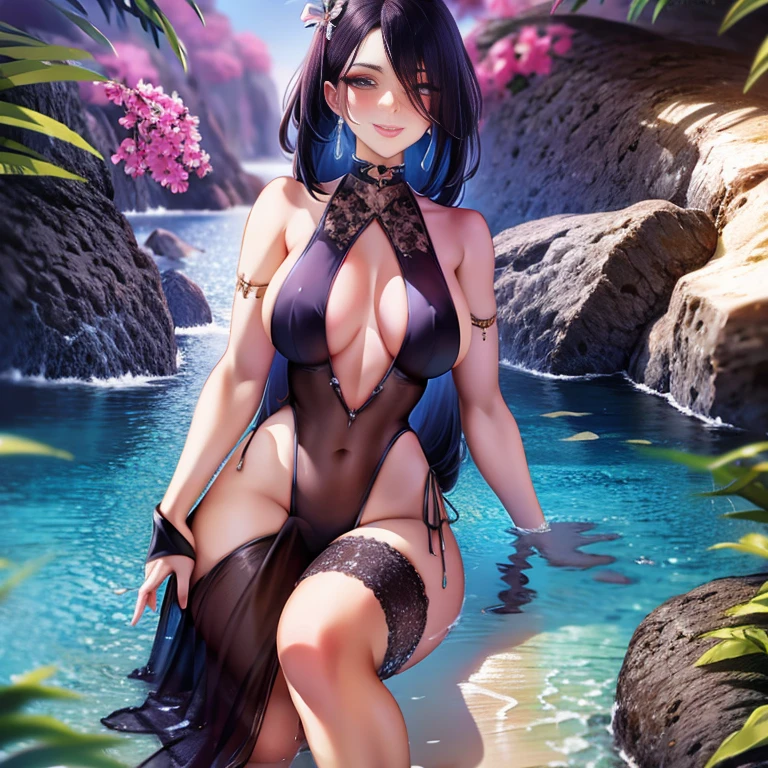 (artwork, highest quality, highest resolution, distinct_image, detailed details): (8K, 4K, best quality, High resolution: 1.2), artwork, Ultra-detailed, hyper details, cinematic Light, Alone, woman, black hair, perfect body, thin waist, smile, perfect face, full body, looking at the viewer, detailed_background, full_body, (sexy, hot: 1.0)