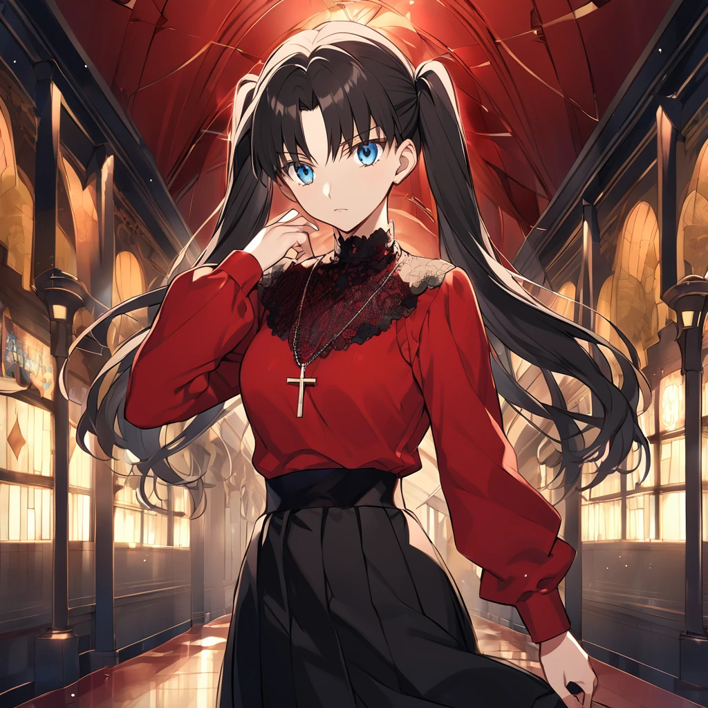 fate stay night, Tohsaka Rin(black twin-tails hair, long sleeves red blouse, black skirt, light blue eyes, cross necklace)