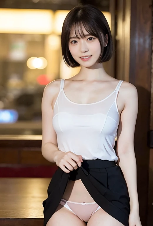 extremely detailed CG unity 8k wallpaper, best quality, ultra-detailed, masterpiece, realistic, photo realistic, extremely detailed cute girl, 21 years old, (skirt lift), ((skirt lift by herself)), white panties , panties focus, blush, camel toe, parted lips, looking at viewer , half body shot , wearing sleeveless shirt , (crowd), (crowded restaurant) , short bob cut