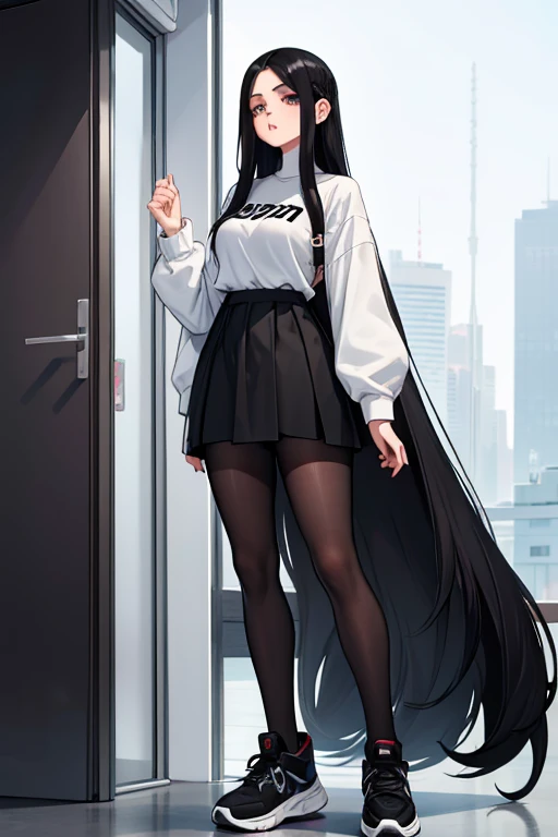 Age 22, White skin girl, almost speaks, Bblack hair, extremely long hair, Cramped, black pantyhose, black sneakers, Bblack hair, hair between the eyes, White hair, cloused mouth, range, cabelo bagunçado saia formal Bblack hair grande extremely long hair olhos cinzas