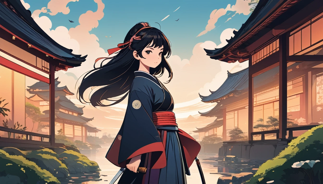Female samurai, Wide-angle lens, Lofi Anime, Lofi illustration, Aesthetic atmosphere, Lo-Fi Style, Vector art, Flat Design, Simple shape, Warm tones, Pleasant atmosphere, Chill, In anime style, Digital drawing, Vector art, Vector logo for t-shirt printing, (Adorable:1.5), (small:1.4), (Playful:1.2), (soft:1.3), (Whimsical:1.1), masterpiece, Highest quality, 8k, Intricate details, grow, Celestial, Mysterious, Picturesque, amazing, Majestic, Magic, Fantasy art, Cover art, dream-like