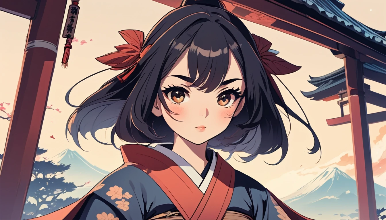 Female samurai, Wide-angle lens, Lofi Anime, Lofi illustration, Aesthetic atmosphere, Lo-Fi Style, Vector art, Flat Design, Simple shape, Warm tones, Pleasant atmosphere, Chill, In anime style, Digital drawing, Vector art, Vector logo for t-shirt printing, (Adorable:1.5), (small:1.4), (Playful:1.2), (soft:1.3), (Whimsical:1.1), masterpiece, Highest quality, 8k, Intricate details, grow, Celestial, Mysterious, Picturesque, amazing, Majestic, Magic, Fantasy art, Cover art, dream-like