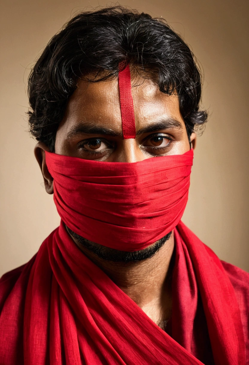 A Bangladeshi mens image who is blindfold by mouth taped by red cloth