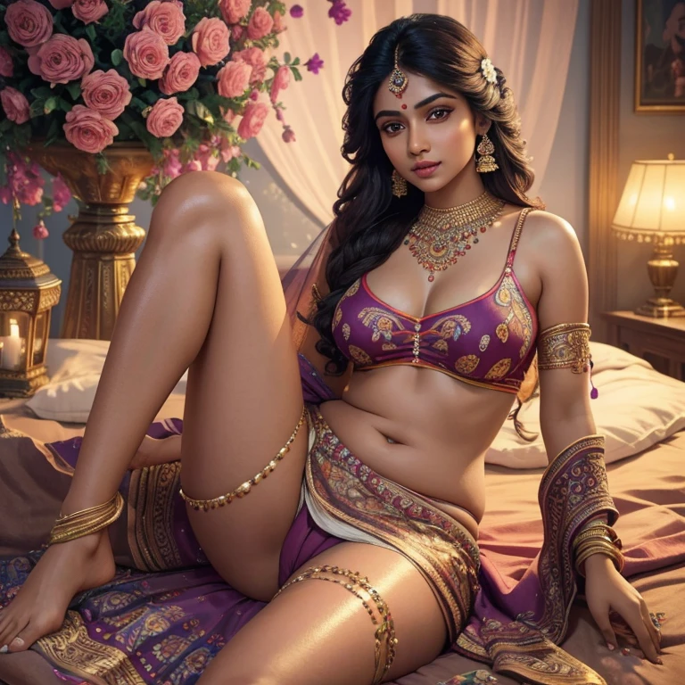 a beautiful indian woman, beautiful detailed eyes, beautiful detailed lips, extremely detailed face, long eyelashes, sitting in a bed of colorful flowers, wearing a traditional lehanga, legs lifted and spread, genitals visible through clothing, photorealistic, 8k, high quality, intricate details, cinematic lighting, warm color tones, dreamy atmosphere, masterpiece