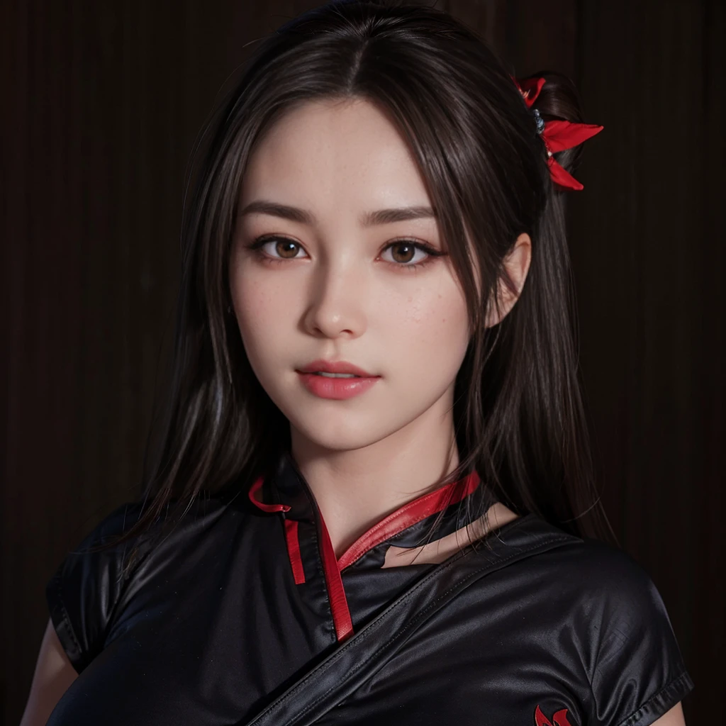 Mai Shiranui, (best quality,ultra-detailed),(Realistic:1.37), beautiful and detailed face, Ultra-realistic texture, delicate face, athletic body, vivid colors. high definition, 8K, wearing red lipstick, rosy cheek.