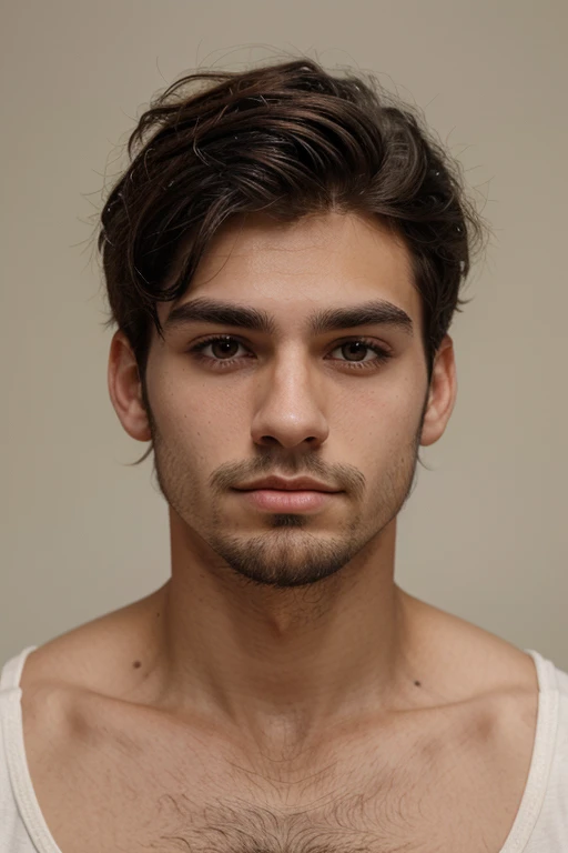 age 20 years, Scrawny, square face shape. brunette skin. simple beard . shorth hair, black and well combed up. brown dark eyes, large and wide open. thick, dark eyebrows. Medium full lips, closed and in neutral position.