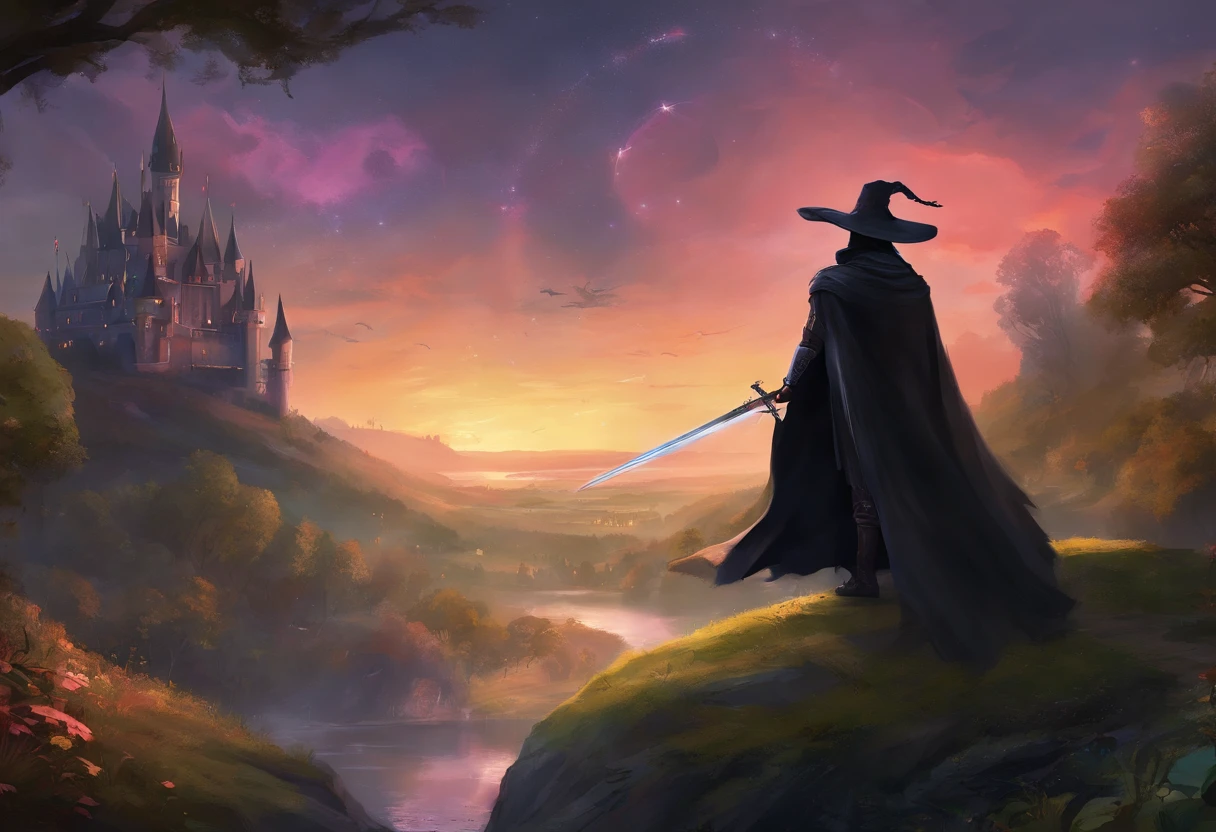 Concept Art, The face is precise, The face is dense, A lone vampire hunter wearing a jet black cape and jet black travelers hat., A dynamic scene of a beautifully decorated long sword being swept away., In the background is a medieval castle in twilight