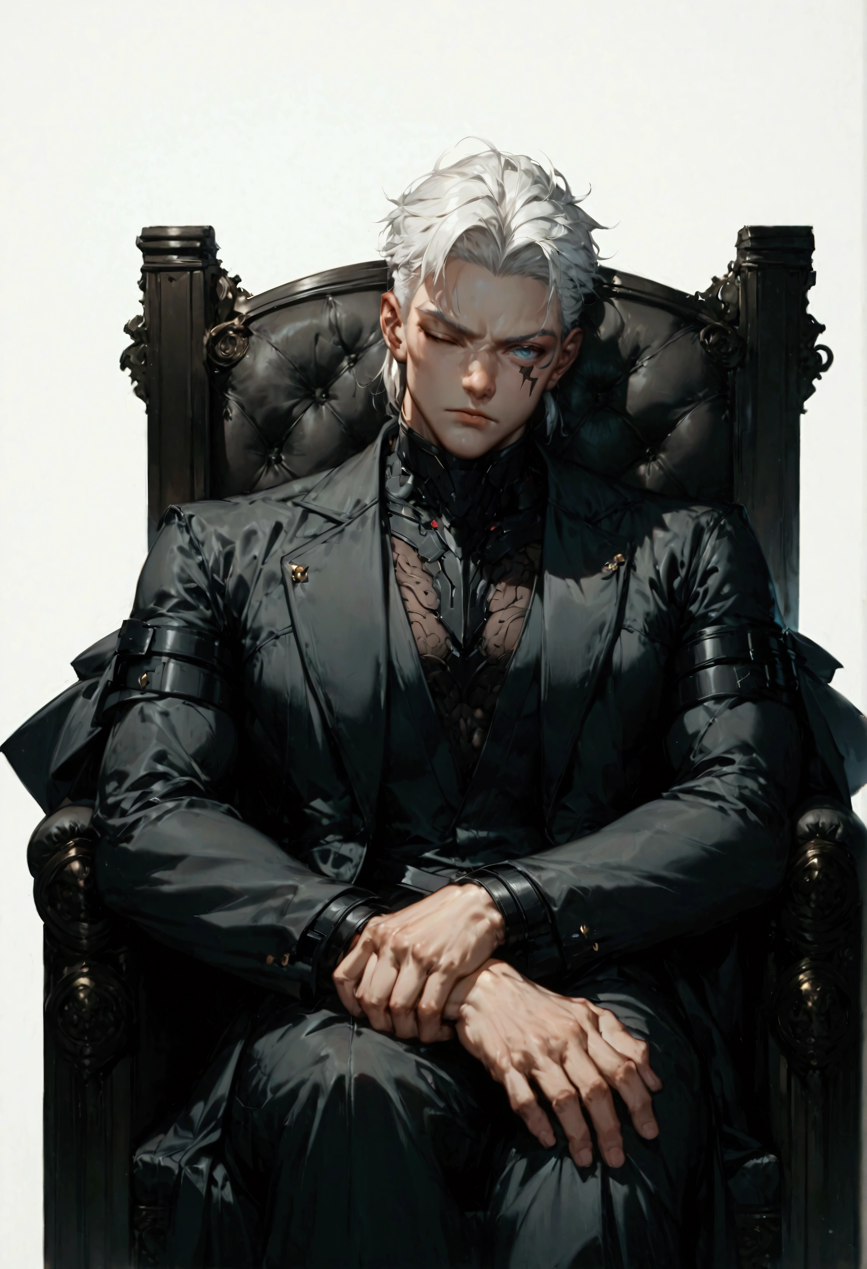 (score_9, score_8_up, score_7_up), zPDXL, 1 man, alone, facing forward, iron chair, black throne, black suit, black stripe on face, one eye closed, arms on sides, white hair, disheveled, cyberpunk, serious and thoughtful face, intimidating, simple background, white background with cables falling down, adult male, looking at the ground, dark aura, (black line on face), (arms resting on throne)