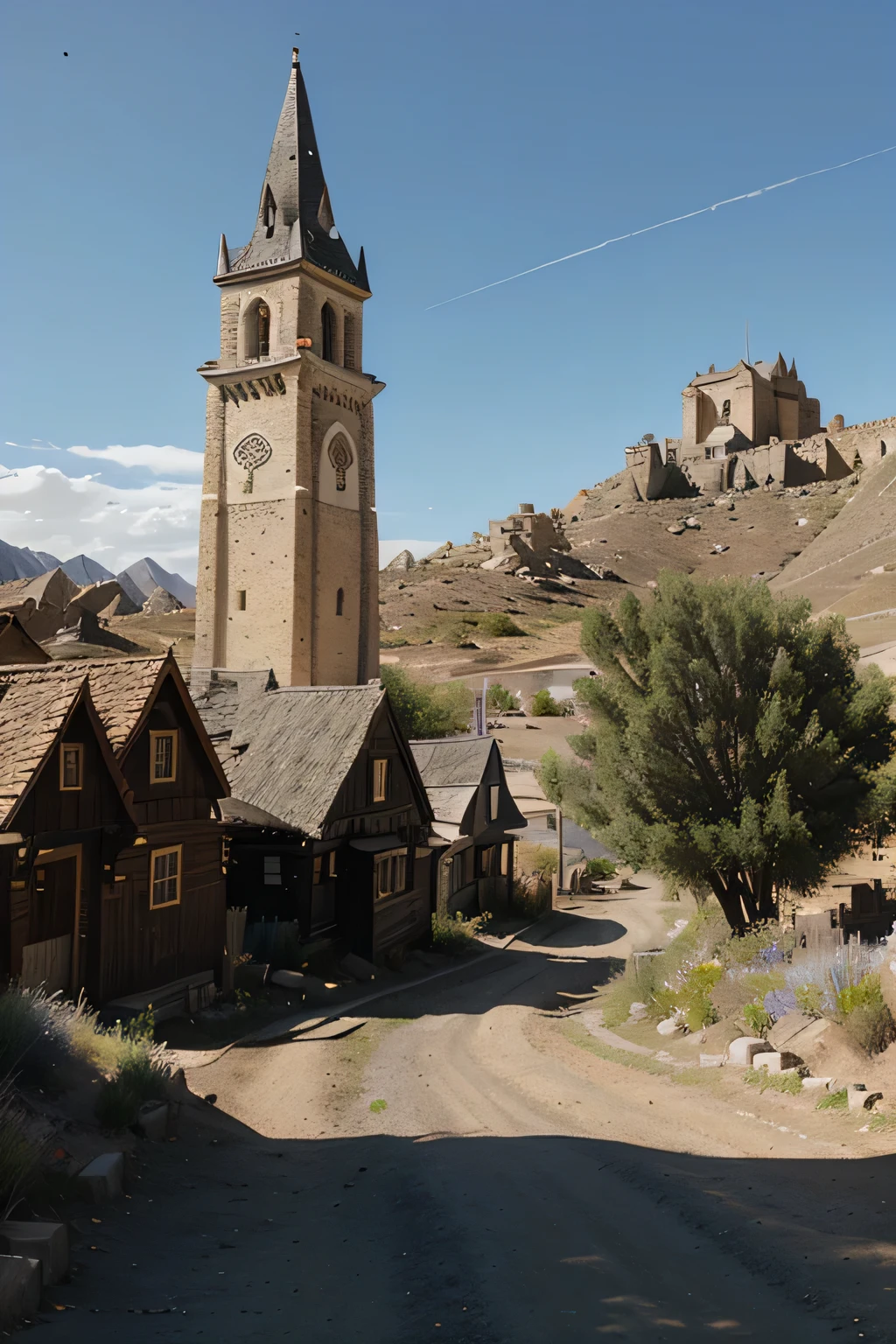 warcraft 3 city run moon stream, small houses and old destroyed cobblestone road, desert and dry grass, big town hall,bell tower, Haystack, wooden rails, hay roof, blacksmith, secret entrance to the bandit lord