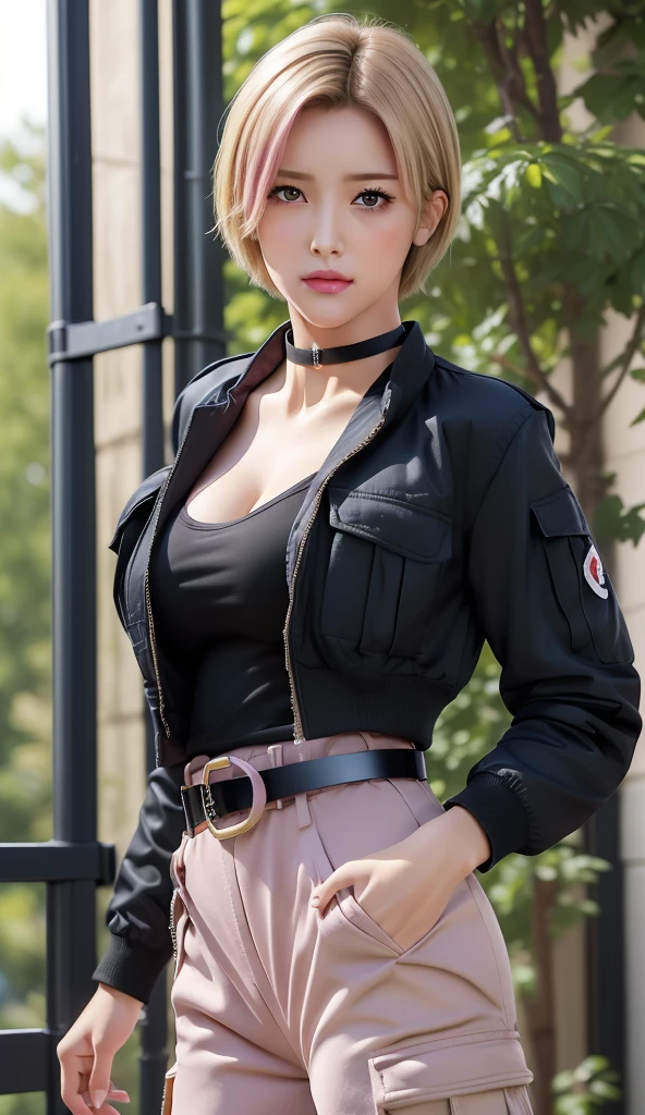 (masterpiece:1.2, Highest quality), (Realistic, photoRealistic:1.4), Beautiful illustrations,
Looking at the audience, whole body, Front view:0.6,
1 female, Age 25, Japanese, ((blonde:1.5, Handsome Short Hair:1.4)), No bangs, Hair between the eyes, ((height: 176 cm, Big Breasts:1.6, Narrow waist))
Beautiful Hair, Beautiful Face, Beautiful and detailed, (black eye:1.3), Beautiful clavicle, Beautiful body, Beautiful breasts, Beautiful thighs, Beautiful legs, Beautiful fingers, Perfect Anatomy:1.3, Cherry tree:1.3,
(MA-1 Jacket:1.8, cargo pants:1.4, belt, choker:1.6)), White panties:1.6,
(Looking at the viewer with a blushing face:1.3), ((NFSW:1.4))