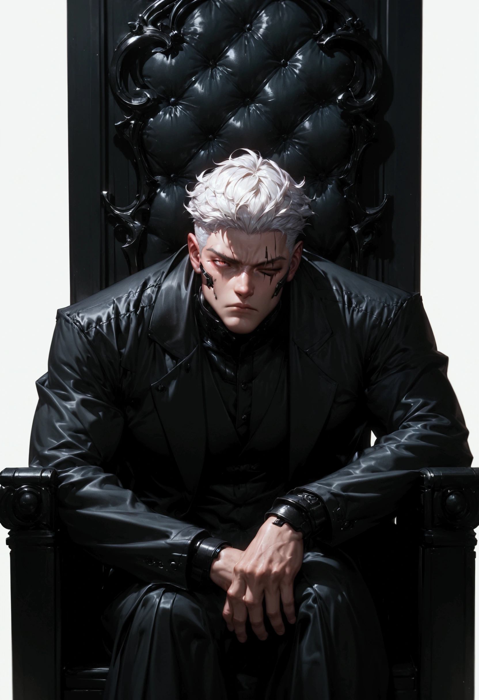 (score_9, score_8_up, score_7_up), zPDXL, 1 man, alone, facing forward, iron chair, black throne, black suit, black stripe on face, one eye closed, arms on sides, white hair, disheveled, cyberpunk, serious and thoughtful face, intimidating, simple background, white background with cables falling down, adult male, looking at the ground, dark aura, (black line on face), (arms resting on throne)