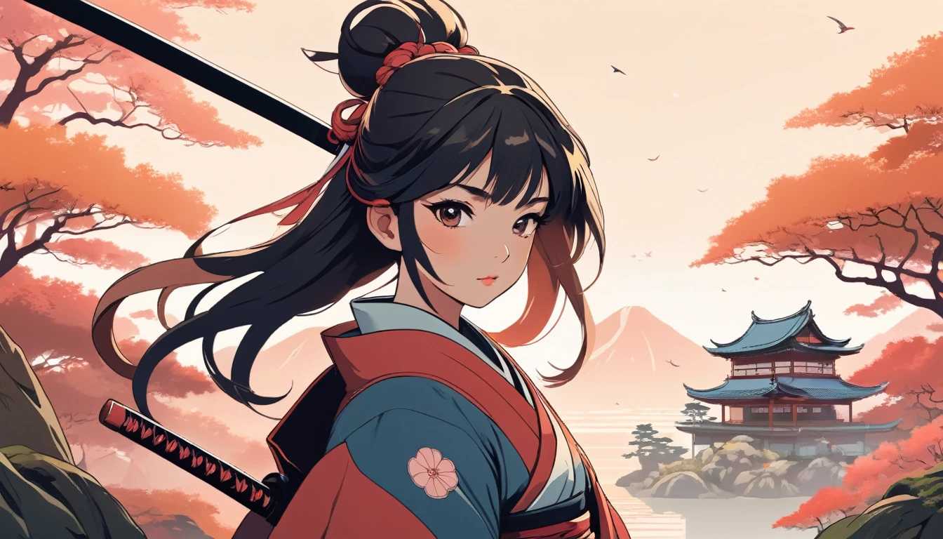 Female samurai, Wide-angle lens, Lofi Anime, Lofi illustration, Aesthetic atmosphere, Lo-Fi Style, Vector art, Flat Design, Simple shape, Warm tones, Pleasant atmosphere, Chill, In anime style, Digital drawing, Vector art, Vector logo for t-shirt printing, (Adorable:1.5), (small:1.4), (Playful:1.2), (soft:1.3), (Whimsical:1.1), masterpiece, Highest quality, 8k, Intricate details, grow, Celestial, Mysterious, Picturesque, amazing, Majestic, Magic, Fantasy art, Cover art, dream-like