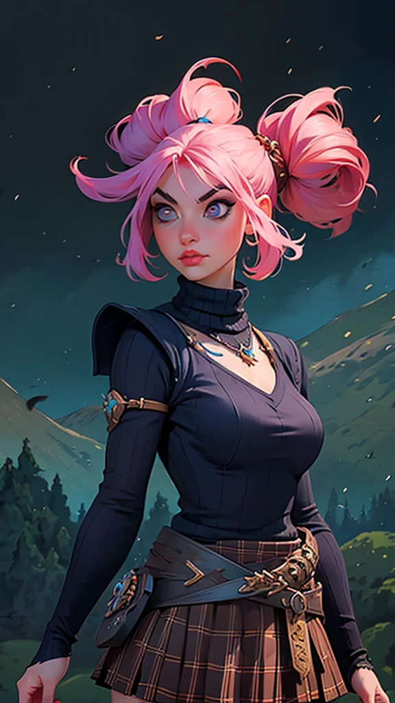 ph momo, momohd, phmomo, solo, 1girl, pink hair, purple eyes, short hair, hair flower, sweater vest, , big eyes, plaid skirt, black thighhighs, sign, embarrassed, Epic Fantasy Art Style HD, 4K fantasy art, epic fantasy digital art style, epic fantasy art style, Fantasy Woman, epic fantasy art portrait, Epic fantasy style, hyperrealistic fantasy art, hd fantasy art, Epic fantasy character art, epic fantasy art, in style of dark fantasy art, epic fantasy digital art