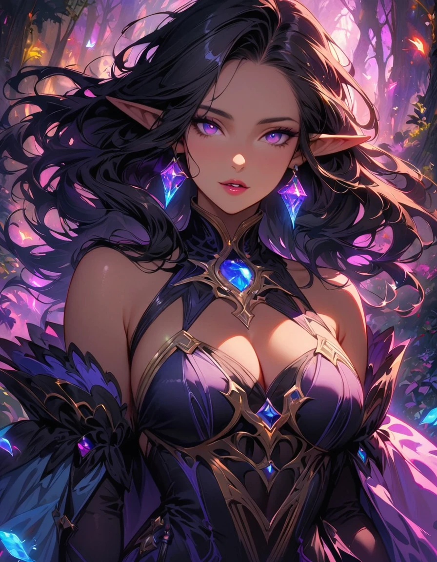 Detailed textures, high quality, high resolution, high accuracy, realism, color correction, correct lighting settings, harmonious composition. cover of the art book "Harlequin dreamer" black elf girl, in an elf costume on a futuristic background, 1 girl, chest, black hair, dark skin, black hunter costume, elf ears, mystical beauty, dagger in hand, stern look, parted lips, mystical eyes, jewelry, earrings, solo, cleavage, curvaceous, looks at the viewer, sexy clothes, stands in a mystical forest, fantasy forest, night lights,at night, dark ef, Artoria Custer (third ascension), Magic circle, Circle mantra, fantasy, white hell