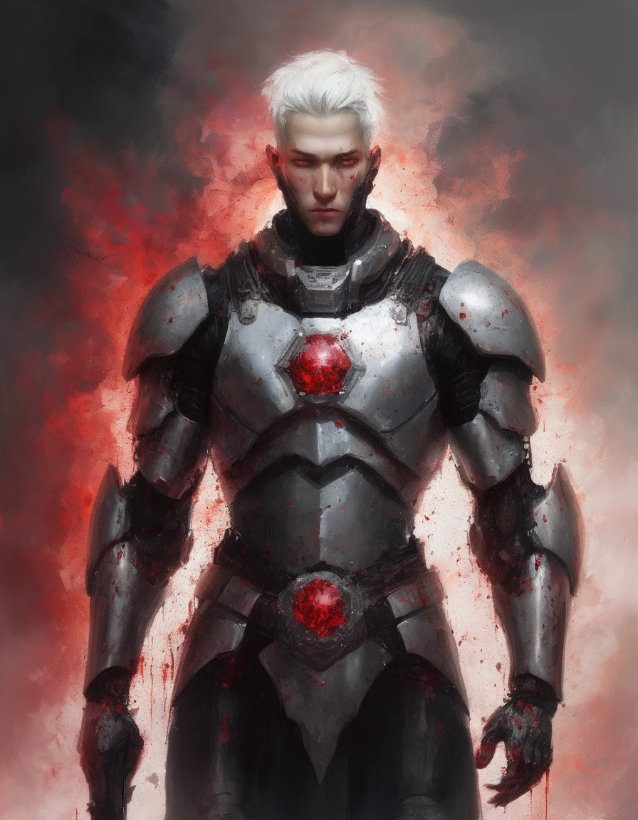 {{Masterpiece, best quality, oil painting, by Franz von Stuck, on blood stained paper}}, ((((((the full body portrait of a 20 year old male cyborg, manly, sexy, tall, muscular, flashing eyes, he has blood covered silver hair, splattered in blood scarred face, sullen, arrogant, haughty, majestic)))))), ((((He is splattered in blood, wearing a blood covered white plate armor with cyborg elements, with a red diamond shape on his chest)))). (((burning background))), surrounded by a cloud of moths, with a red diamond shape on his chest.
