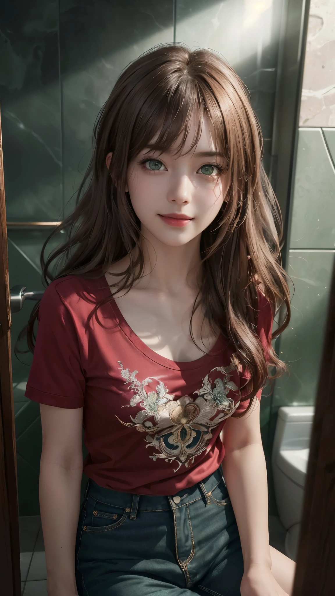 (masterpiece:1.2), (photorealistic:1.2), (best quality),((realistic:1.3)), (detailed skin:1.3), (intricate details), dramatic, quality,realistic lighting, small breasts,1girl,aalisa, long hair, blunt_bangs, (dark green eyes), brown hair, red T shirt, smile,looking at viewer, bathroom , solo, black hair, Stand, higher 