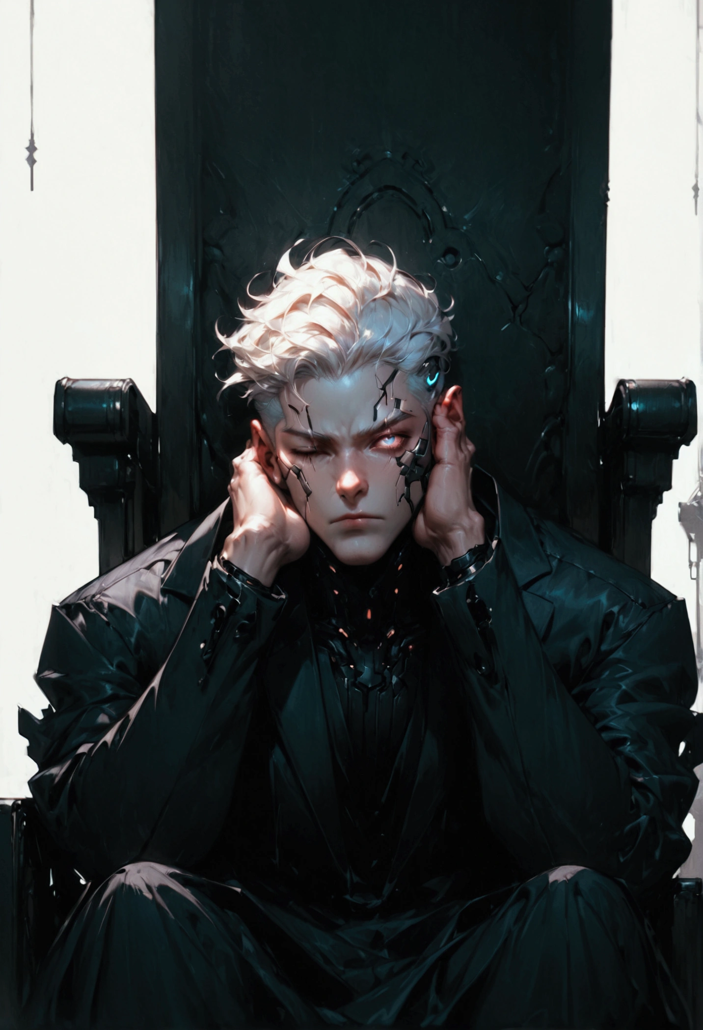 (score_9, score_8_up, score_7_up), zPDXL, 1 man, alone, facing forward, iron chair, black throne, black suit, black stripe on face, one eye closed, arms on sides, white hair, disheveled, cyberpunk, serious and thoughtful face, intimidating, simple background, white background with cables falling down, adult male, looking at the ground, dark aura, (black line on face), (arms resting on throne)