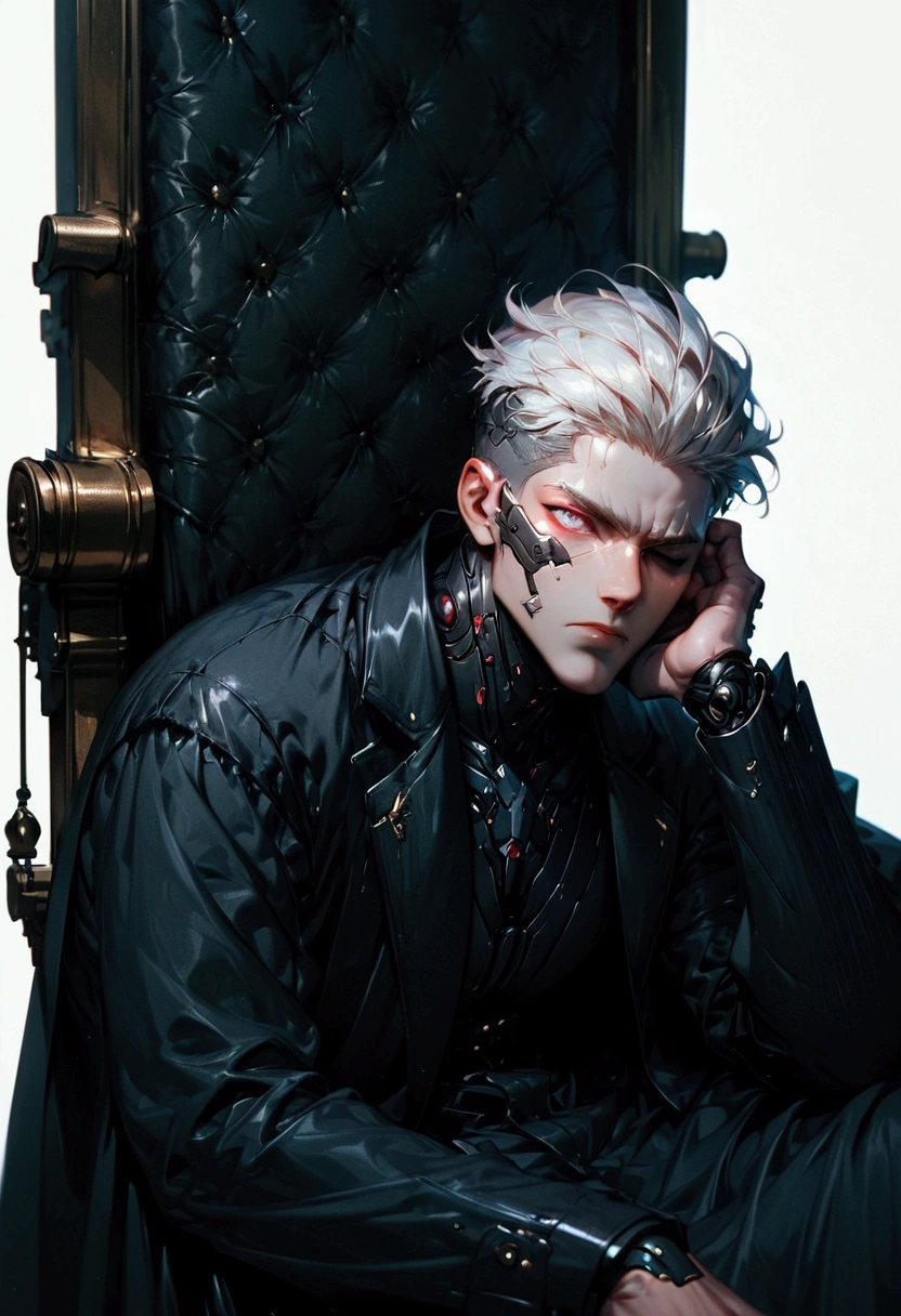 (score_9, score_8_up, score_7_up), zPDXL, 1 man, alone, facing forward, iron chair, black throne, black suit, black stripe on face, one eye closed, arms on sides, white hair, disheveled, cyberpunk, serious and thoughtful face, intimidating, simple background, white background with cables falling down, adult male, looking at the ground, dark aura, (black line on face), (arms resting on throne)