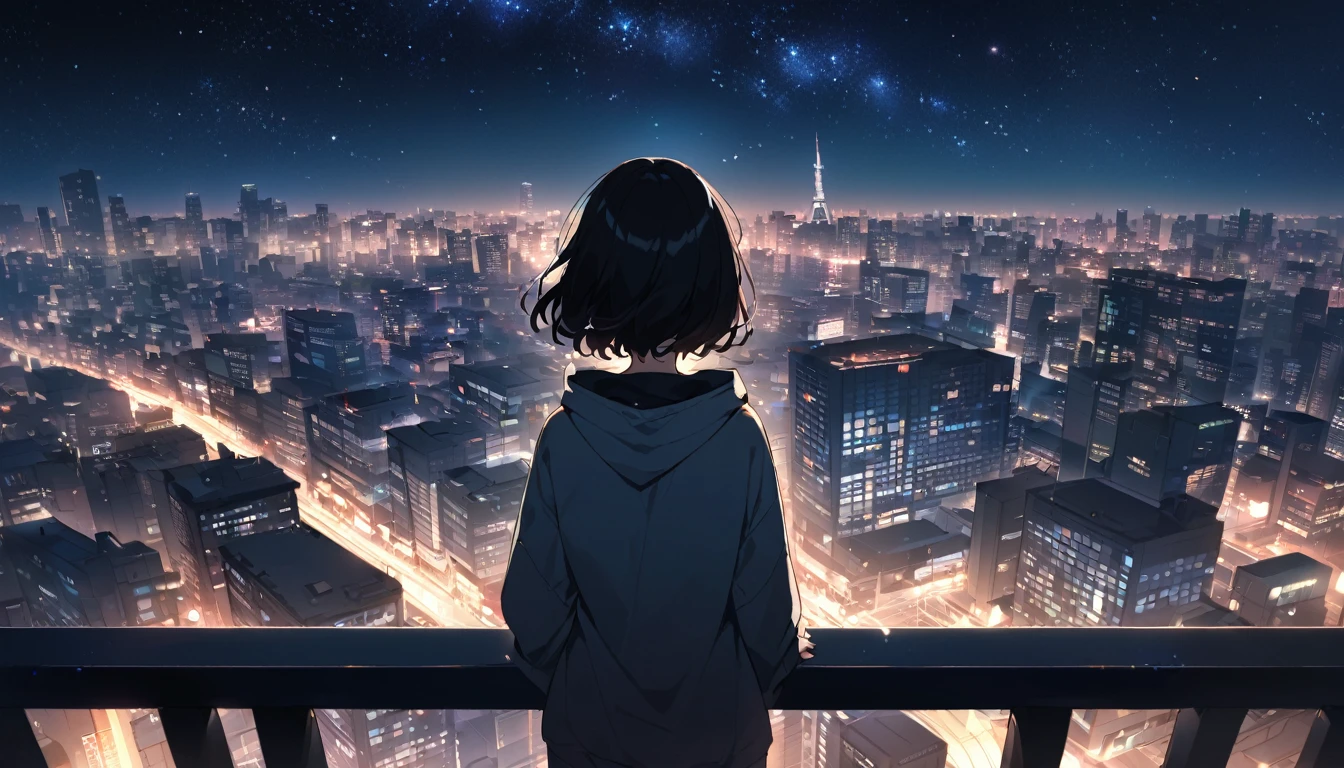 Starry Sky、Night view、City、One woman、Black Hair、Short Hair、Hair blowing in the wind、Wearing a hoodie、back、Full body portrait、Overlooking the city from the balcony