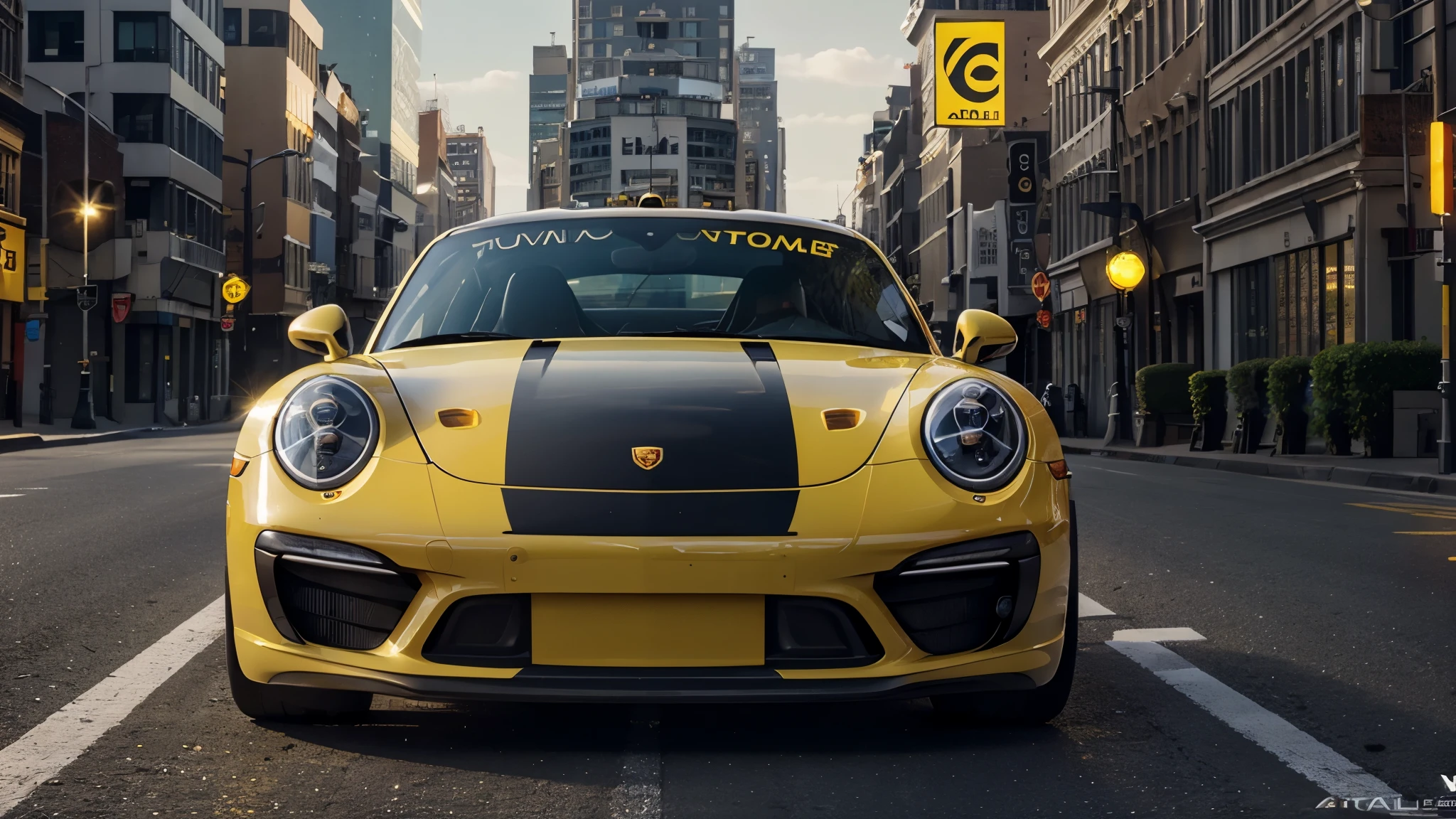a highly detailed and photorealistic Porsche 911 sports car in a vibrant yellow taxi livery, 4k, ultra-detailed, hyper realistic, studio lighting, award winning digital art, masterpiece, glossy exterior, dramatic lighting, reflective surfaces, intricate details, impeccable paint job, chrome accents, dynamic angle, full view