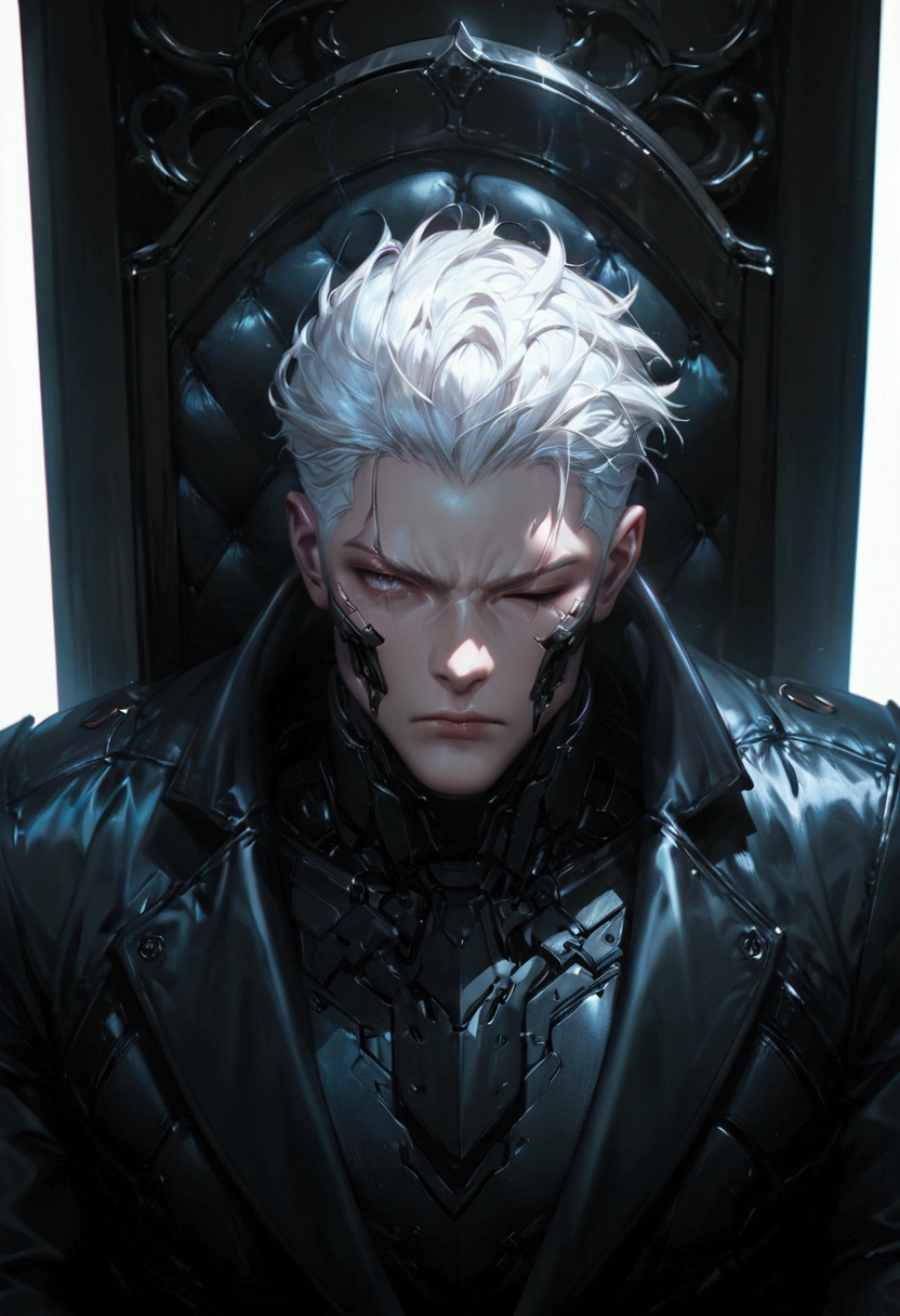 (score_9, score_8_up, score_7_up), zPDXL, 1 man, alone, facing forward, iron chair, black throne, black suit, black stripe on face, one eye closed, arms on sides, white hair, disheveled, cyberpunk, serious and thoughtful face, intimidating, simple background, white background with cables falling down, adult male, looking at the ground, dark aura, (black line on face), (arms resting on throne)