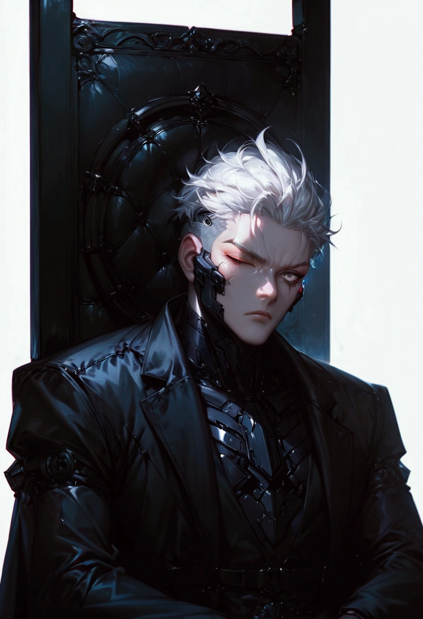 (score_9, score_8_up, score_7_up), zPDXL, 1 man, alone, facing forward, iron chair, black throne, black suit, black stripe on face, one eye closed, arms on sides, white hair, disheveled, cyberpunk, serious and thoughtful face, intimidating, simple background, white background with cables falling down, adult male, looking at the ground, dark aura, (black line on face), (arms resting on throne)