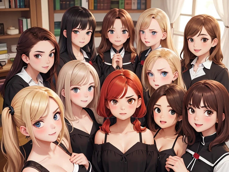 (Best quality, masterpiece), group photo of 8 very different beautiful students, different emotions, Free postures, Different hair colors(among them there is only 1 redhead, 3 blondes, 2 brown-haired and 2 brunettes), Different hairstyles, different hair lengths, different eye colors, Different physiques, Different breast sizes, (there is definitely ullen, flat-chested Asian brunette in the photo, 1 st haired muscular blonde, 1 long haired redhead, 1 brunette hippie with pigtails, 1 flat chested brown haired, 1 shoround brown-haired woman), graduation photo album, beautiful faces, upper body