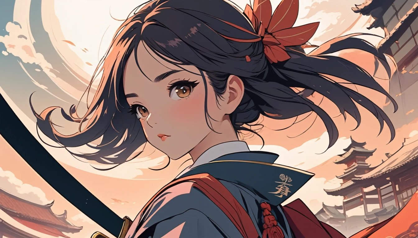 Female samurai, Wide-angle lens, Lofi Anime, Lofi illustration, Aesthetic atmosphere, Lo-Fi Style, Vector art, Flat Design, Simple shape, Warm tones, Pleasant atmosphere, Chill, In anime style, Digital drawing, Vector art, Vector logo for t-shirt printing, (Adorable:1.5), (small:1.4), (Playful:1.2), (soft:1.3), (Whimsical:1.1), masterpiece, Highest quality, 8k, Intricate details, grow, Celestial, Mysterious, Picturesque, amazing, Majestic, Magic, Fantasy art, Cover art, dream-like