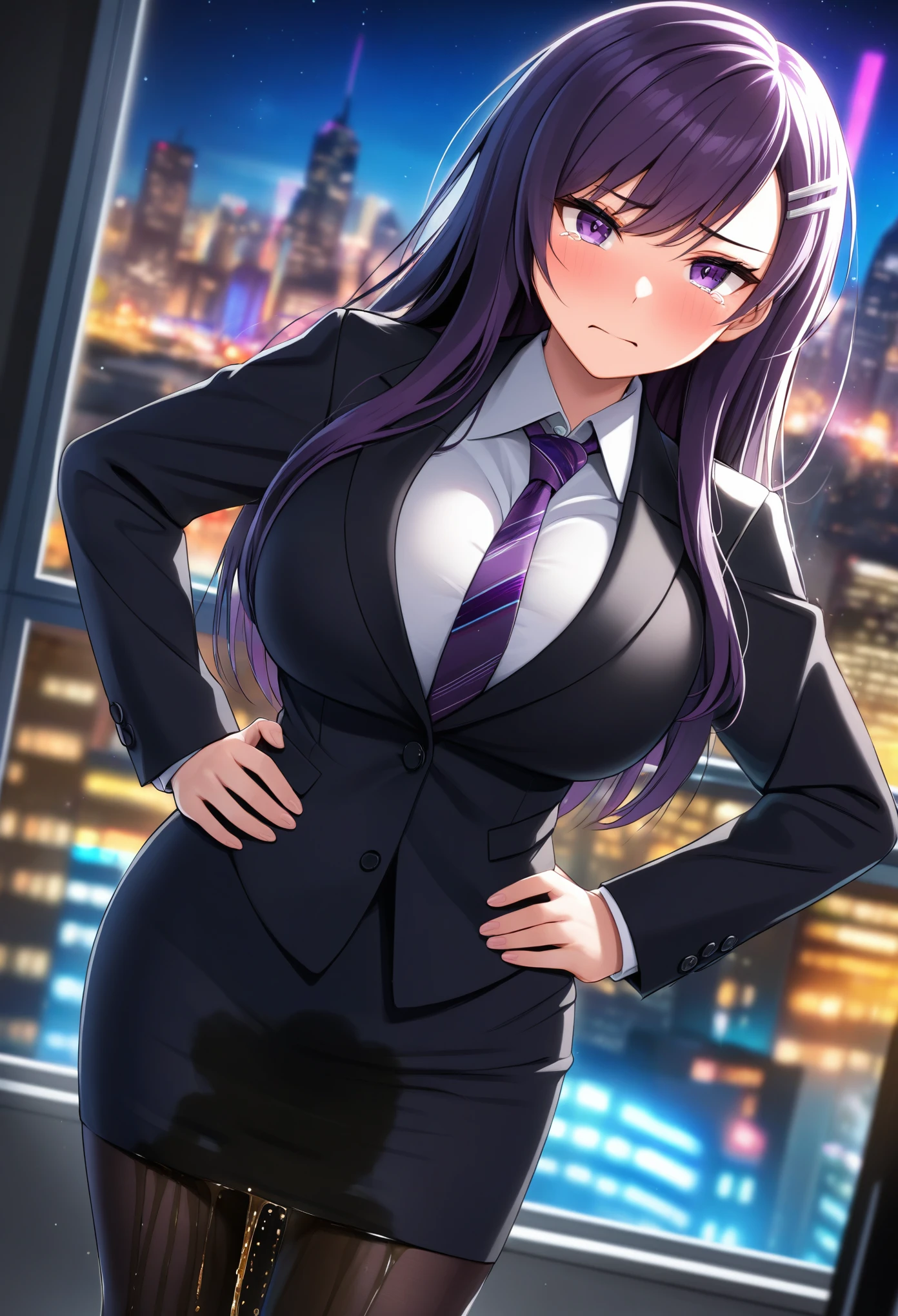 woman, very dark purple hair, purple eyes, long hair, huge breasts, black business suit, necktie, long pencil skirt, pantyhose, standing straight, (wetting herself:1.5), best quality, ultra-detailed, HDR, studio lighting, professional, vivid colors, sharp focus, bokeh, landscape, office, night, window, cityscape, colorful city, neon lights, futuristic, science fiction, soft lighting, dynamic shadows, embarrassed, humiliation, blushing, angry, tears, facing viewer, (hands on hips:1.5)