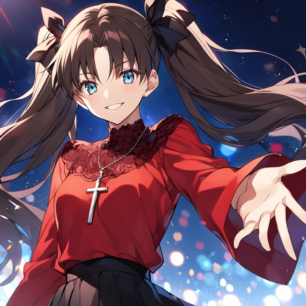 fate stay night, Tohsaka Rin(black twin-tails hair, long sleeves red blouse, black skirt, light blue eyes, cross necklace), smile