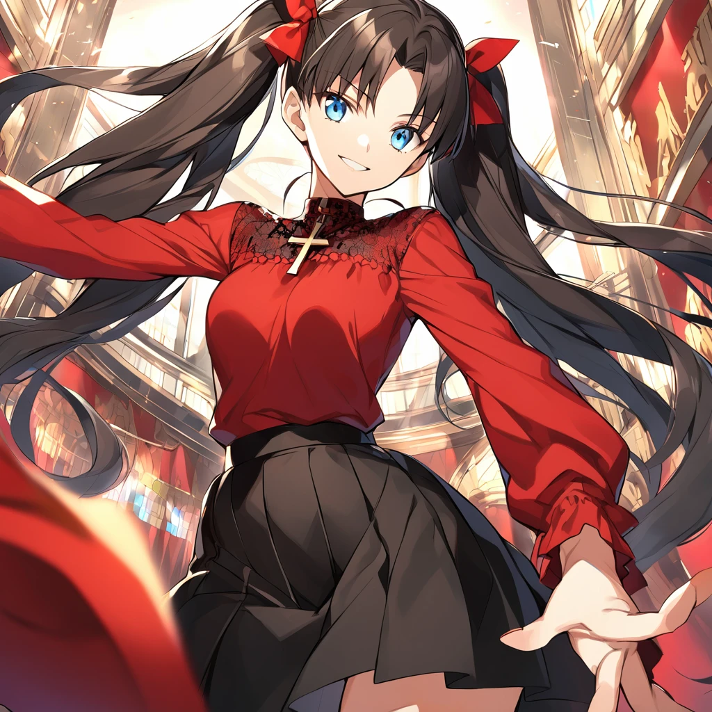 fate stay night, Tohsaka Rin(black twin-tails hair, long sleeves red blouse, black skirt, light blue eyes, cross necklace), smile