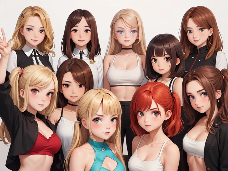 (Best quality, masterpiece), group photo of 8 very different beautiful students, different emotions, Free postures, Different hair colors(among them there is only 1 redhead, 3 blondes, 2 brown-haired and 2 brunettes), Different hairstyles, different hair lengths, different eye colors, Different physiques, Different breast sizes, (there is definitely 1 sullen, flat-chested Asian brunette in the photo, 1 short haired muscular blonde, 1 long haired redhead, 1 brunette hippie with pigtails, 1 flat chested brown haired, 1 short round brown-haired woman), graduation photo album, beautiful faces, upper body