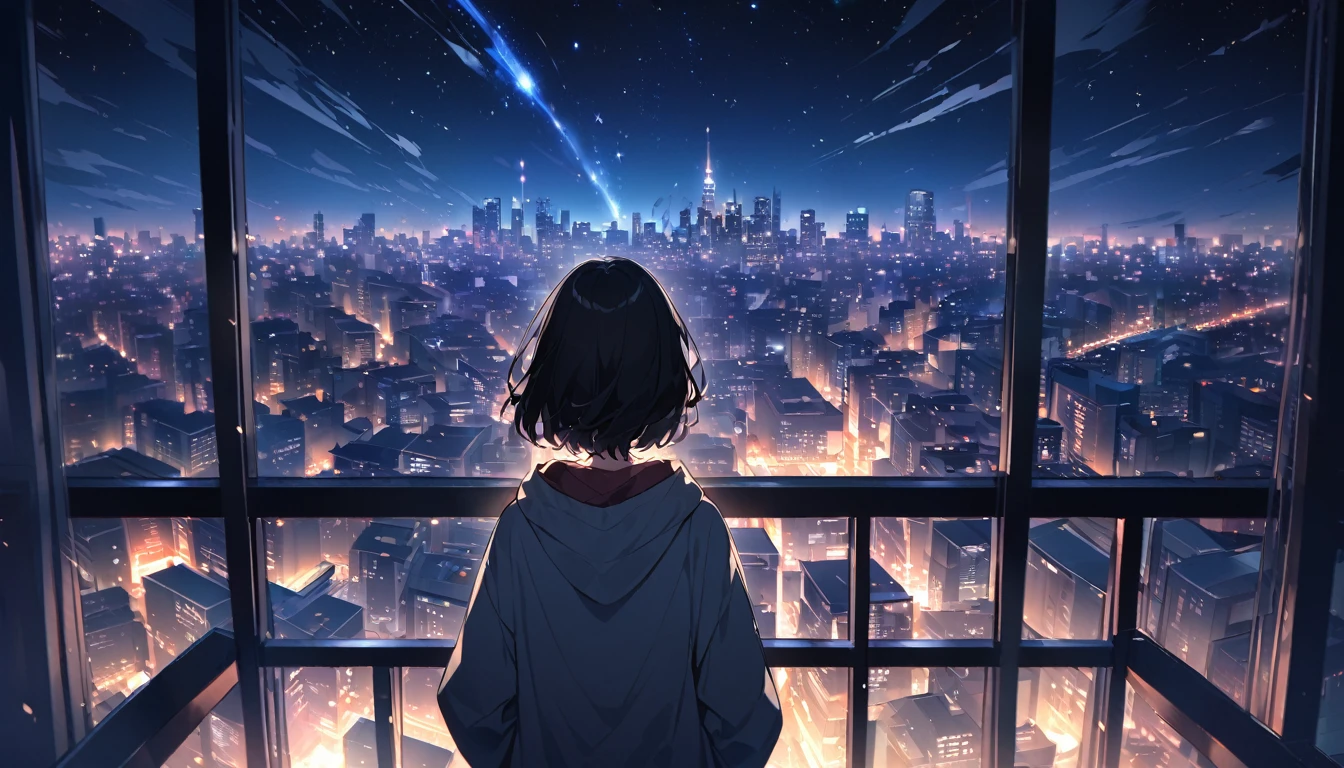 Starry Sky、Night view、City、One woman、Black Hair、Short Hair、Hair blowing in the wind、Wearing a hoodie、back、Full body portrait、Overlooking the city from the balcony