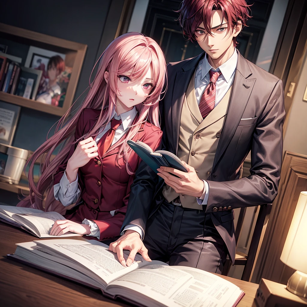 there is a man in a suit and tie reading a book, anime handsome man, anime portrait of a handsome man, handsome anime pose, delicate androgynous prince, beautiful androgynous prince, high quality portrait, handsome guy in demon slayer art, detailed anime character art, smooth anime cg art, detailed digital anime art, range murata and artgerm. LONG DARK PINK HAIR