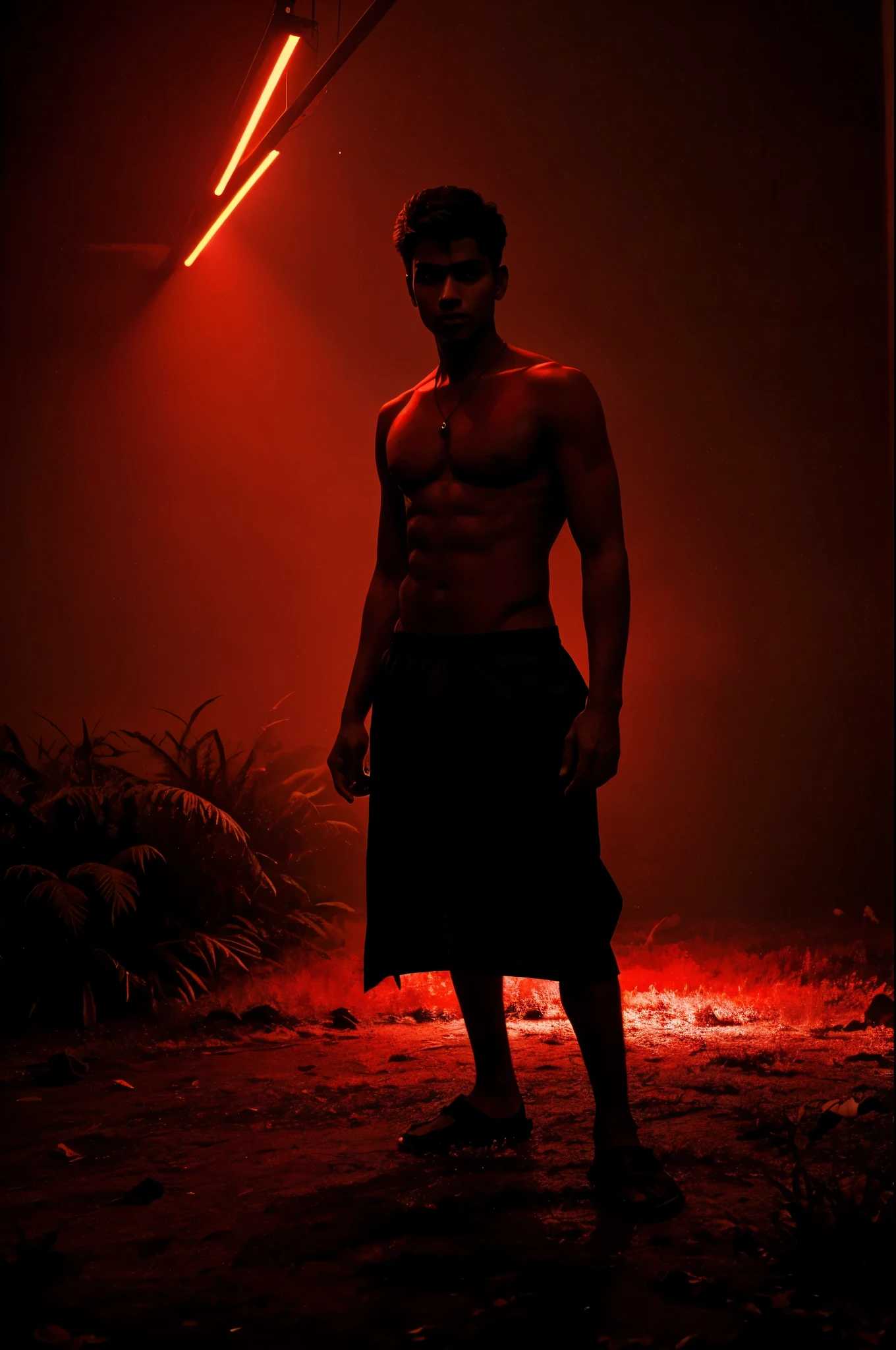 Indian boy age 25 years. hot pose. Create an atmospheric scene bathed in dark red light. The environment should be dimly illuminated by a deep, crimson glow that casts long, eerie shadows. The light source is diffuse and comes from an unseen or mysterious origin, giving the surroundings a surreal and otherworldly feel. The scene could include elements such as dark silhouettes of objects or structures, faintly visible through the intense red hue. Add subtle textures or gradients in the red light to enhance depth and contrast, and ensure the overall mood is one of intrigue and unease